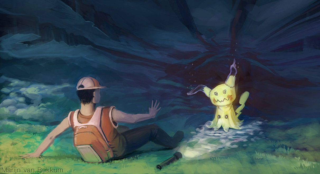 Mimikyu, glowing yellow ghostly creature, dark cave, SD Desktop Wallpaper