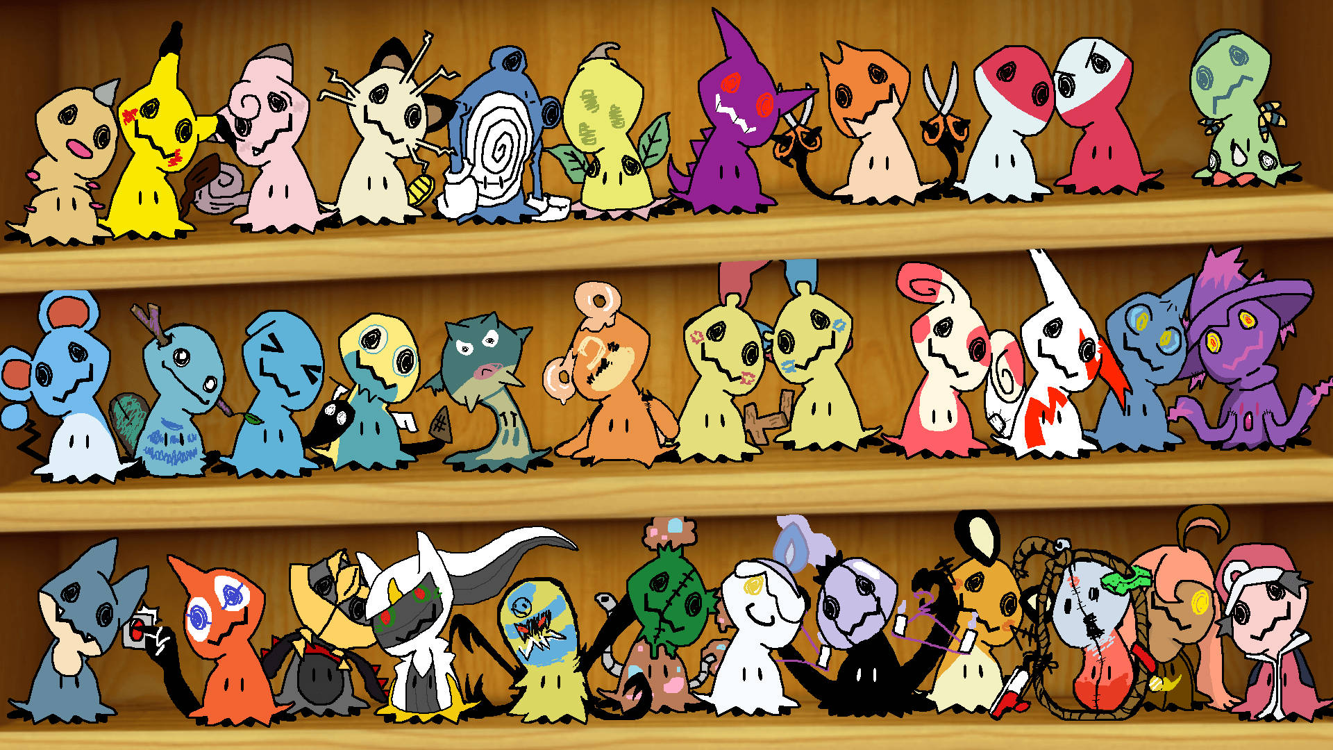 Mimikyu, shelf of disguises, wooden shelves, Full HD Desktop Wallpaper