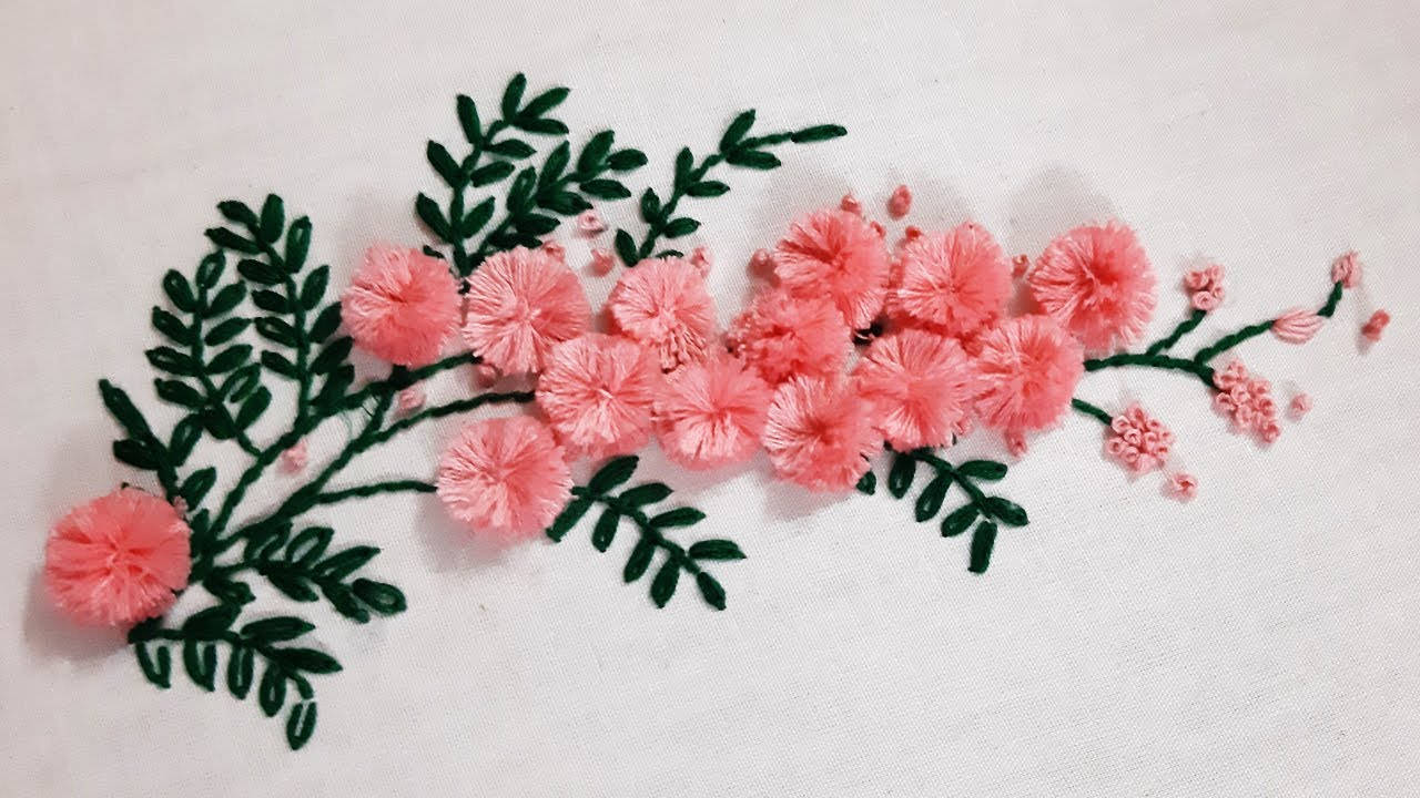 mimosa flower, embroidery stitch, pink floral, HD Desktop Wallpaper
