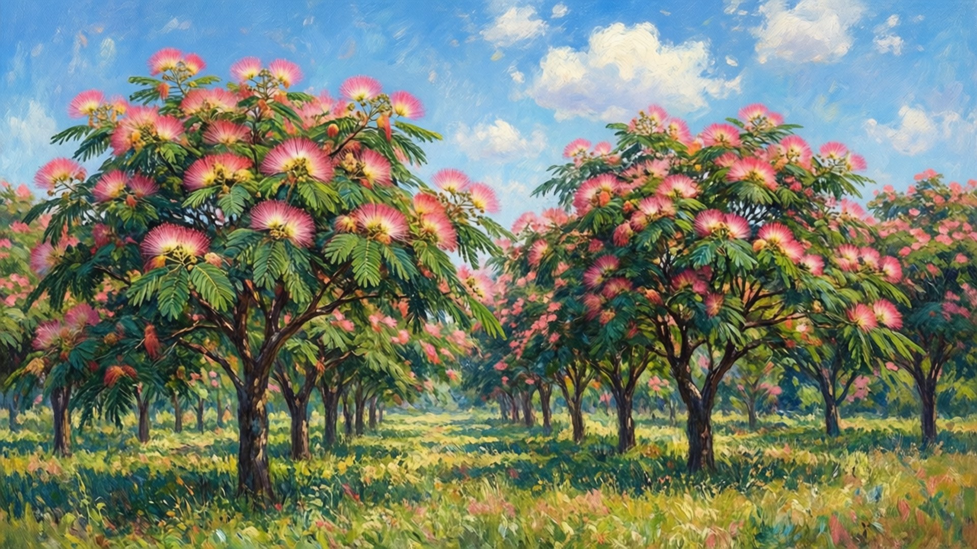 Mimosa field dream, pink flowering trees, sunlit field, Full HD Desktop Wallpaper