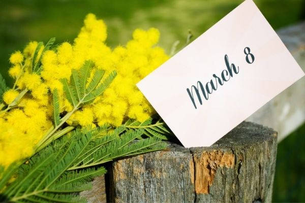 mimosa flowers, yellow, handwritten March 8 note, SD Desktop Wallpaper