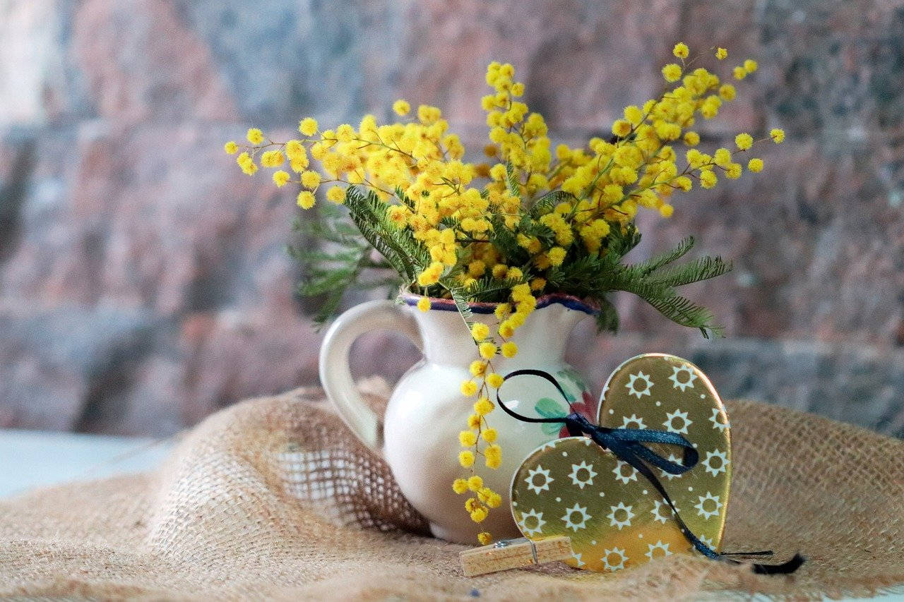 mimosa flower, white ceramic pitcher, patterned heart ornament, HD Desktop Wallpaper