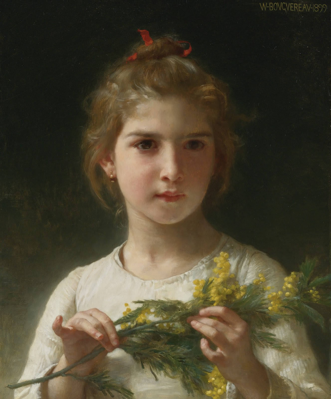 The Mimosa Flower Painting, golden hair, red ribbon, HD Phone Wallpaper