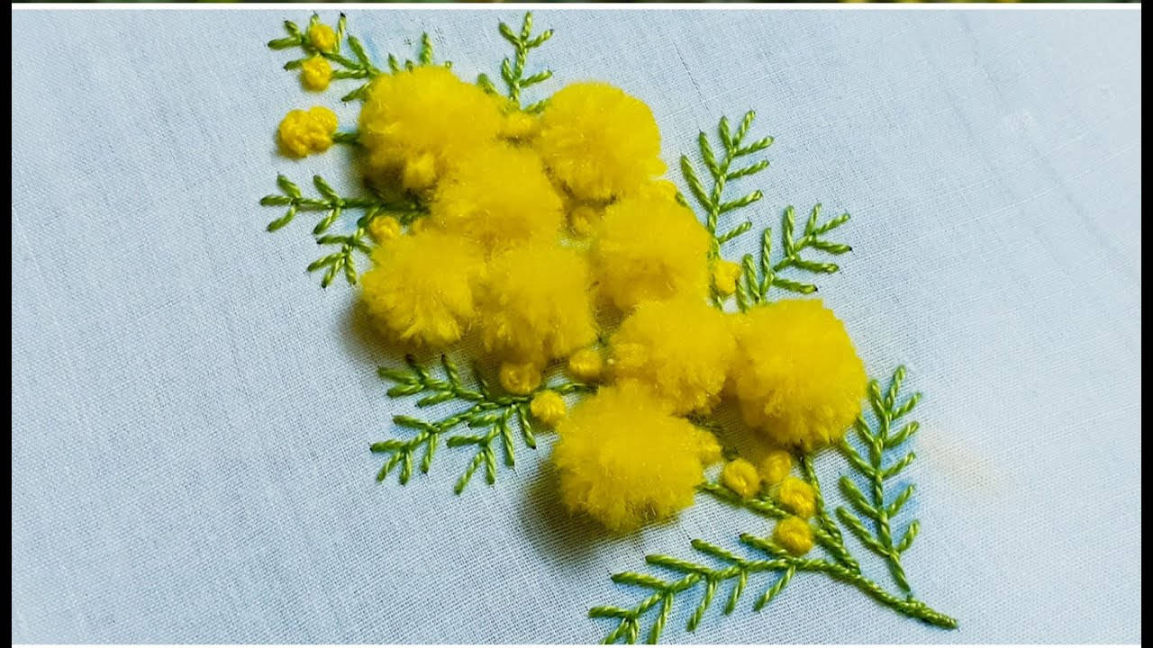 mimosa flowers, embroidery, light blue fabric, HD Desktop Wallpaper
