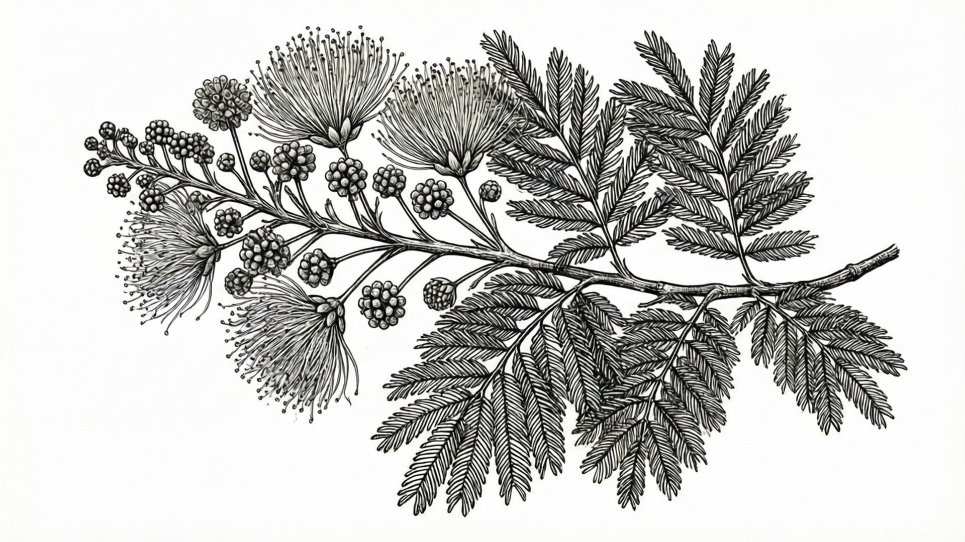 mimosa, botanical illustration, feathery leaves, Full HD Desktop Wallpaper