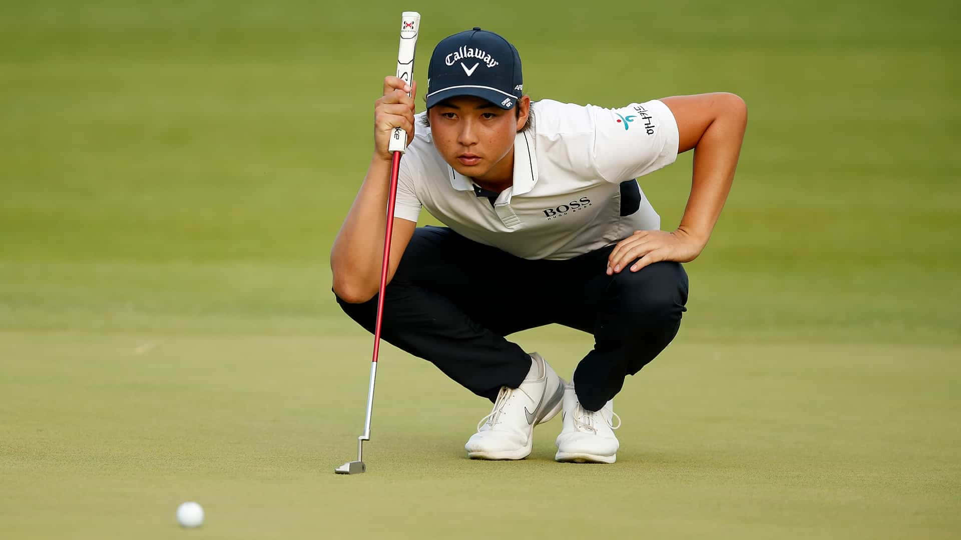 Min Woo Lee, putter, lush green fairway, Full HD Desktop Wallpaper