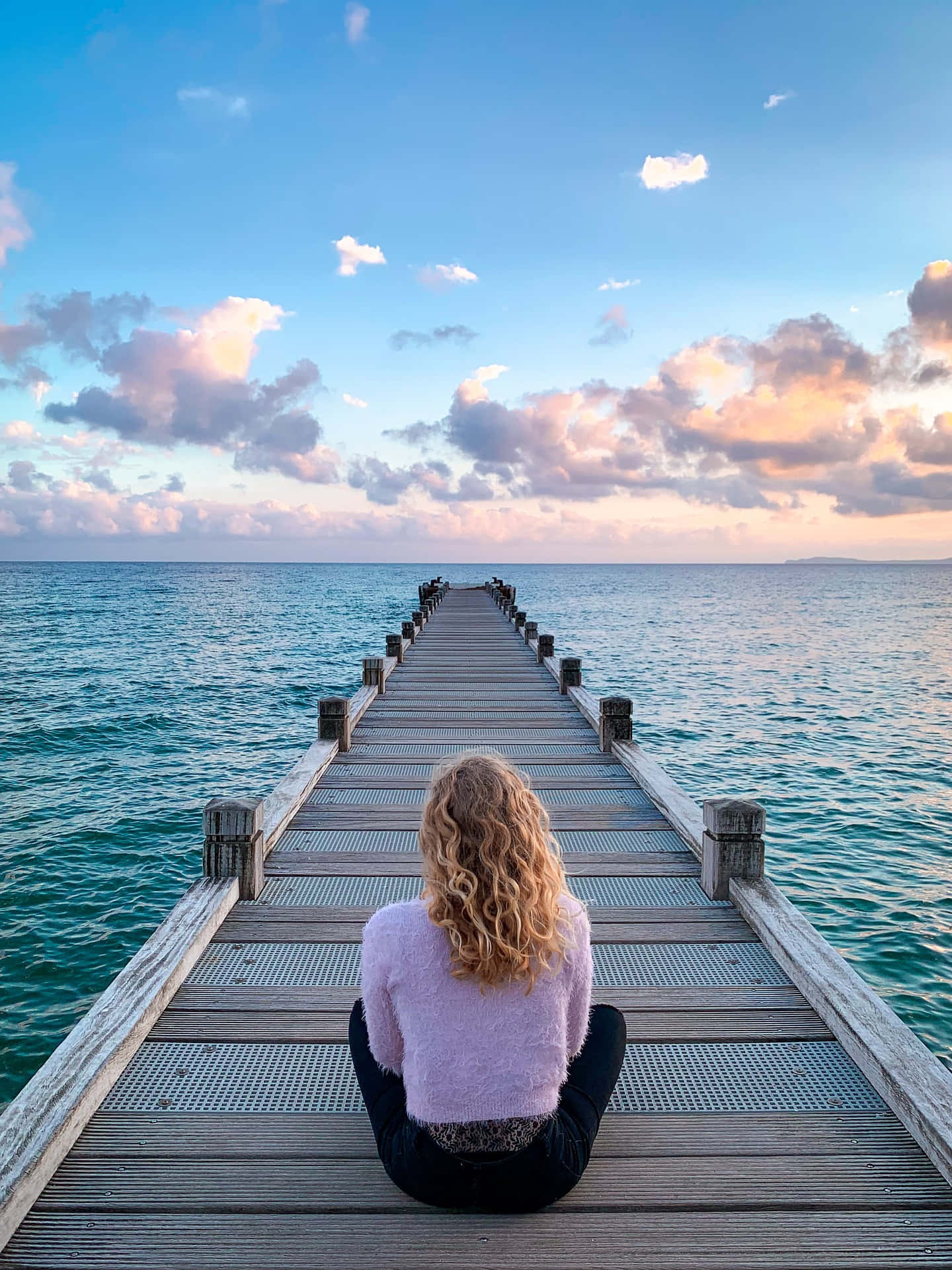 curly hair, wooden pier, sunset, Full HD Phone Wallpaper