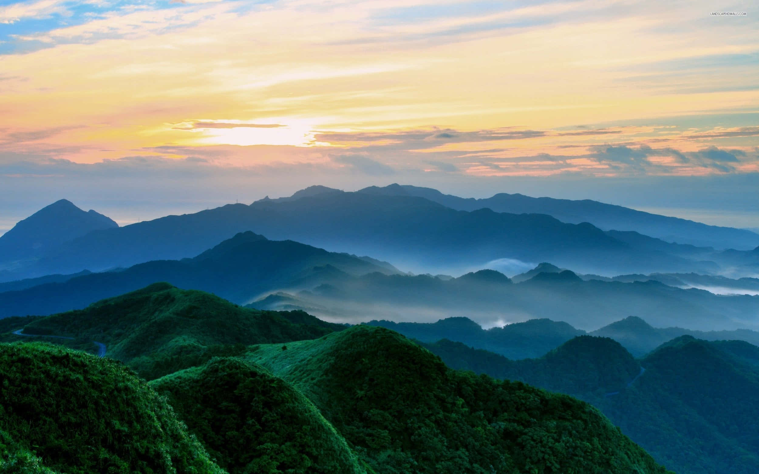 Sunset, golden hues, layered mountain ridges, Full HD Desktop Wallpaper