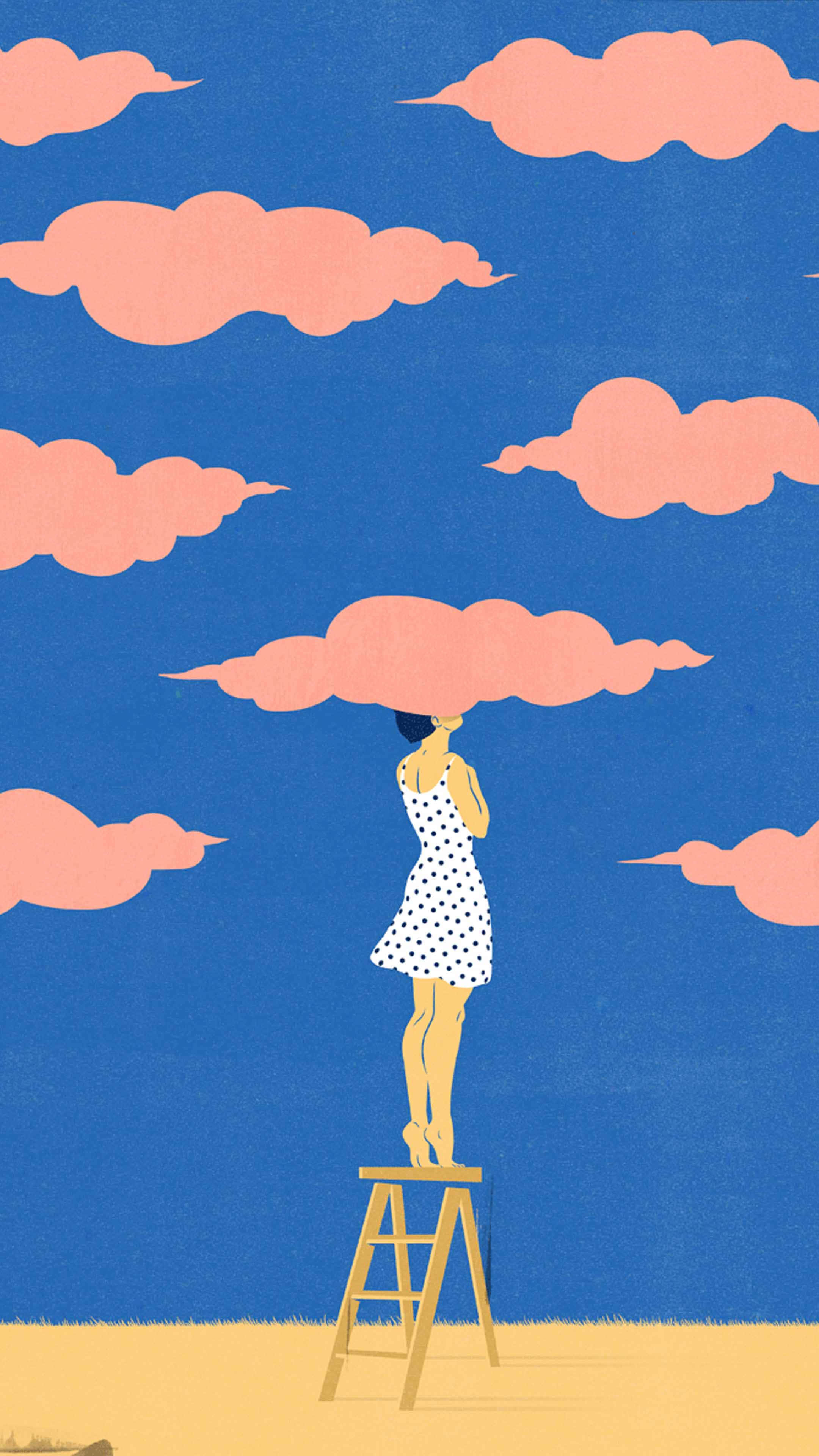blond woman, polka dot dress, ladder, 4K Phone Wallpaper