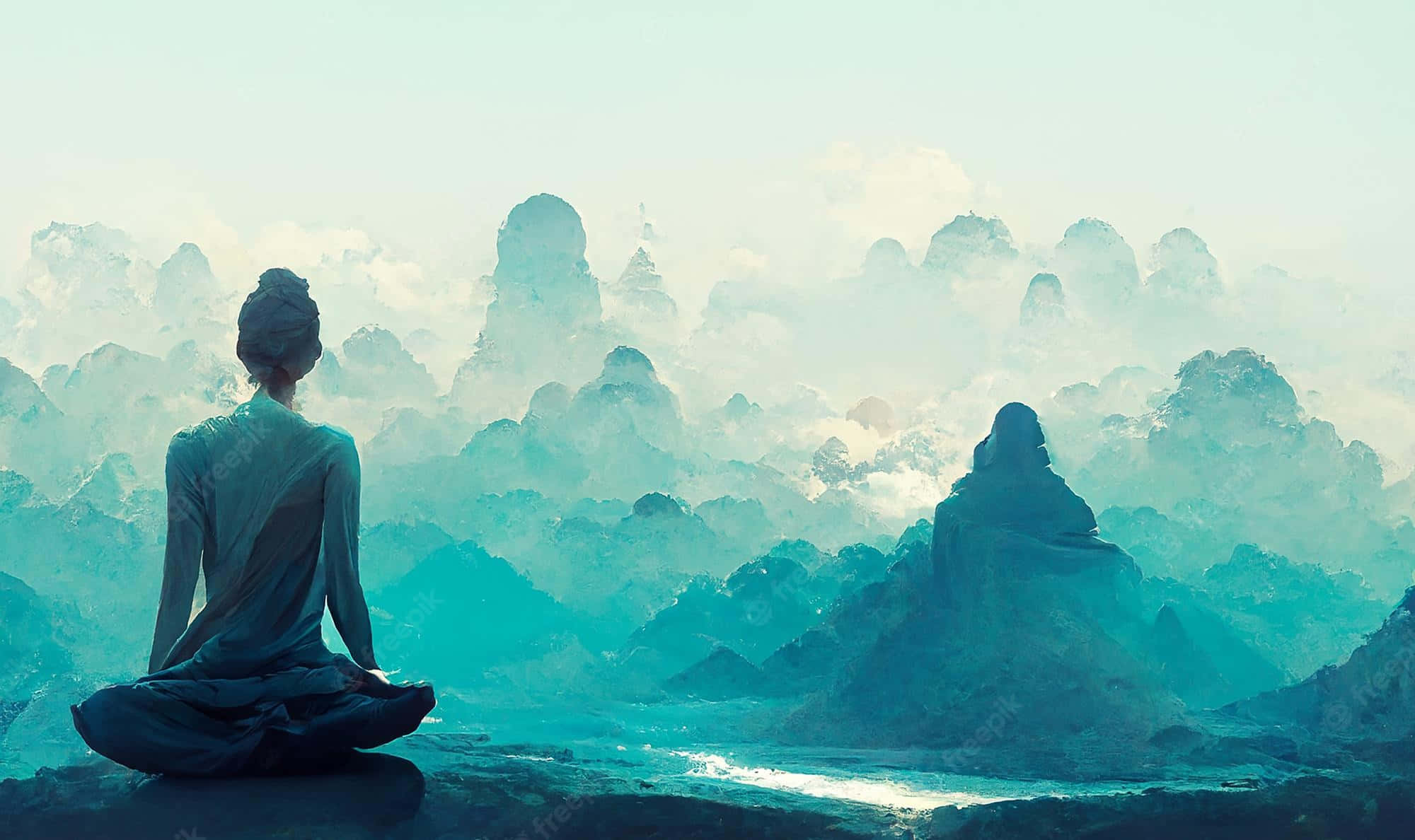 lotus pose, misty teal mountains, soft dawn sky, Full HD Desktop Wallpaper