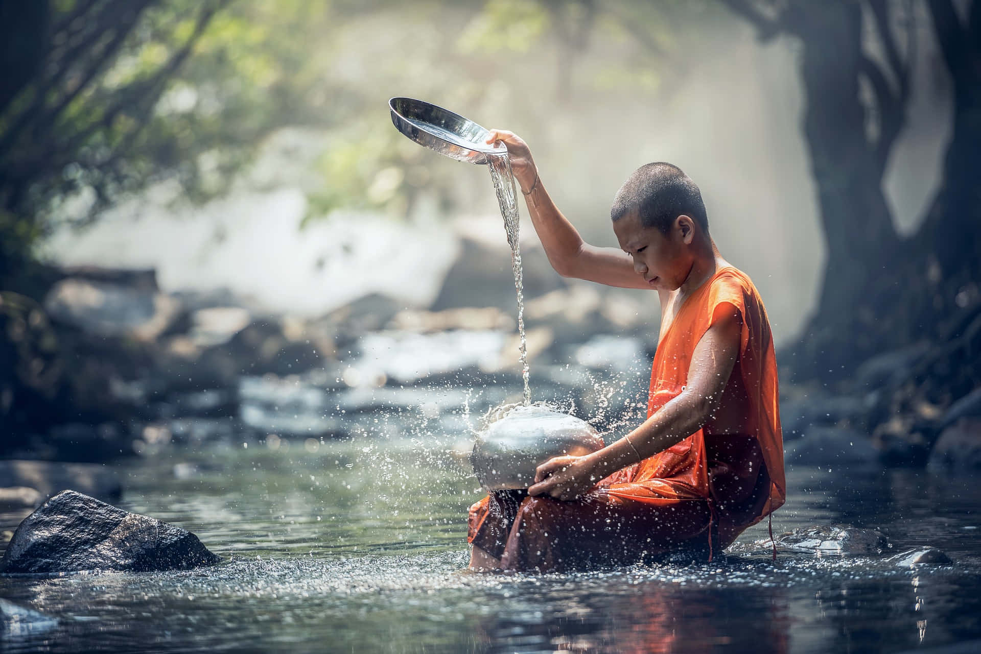young monk, orange robes, metal bowl, Full HD Desktop Wallpaper