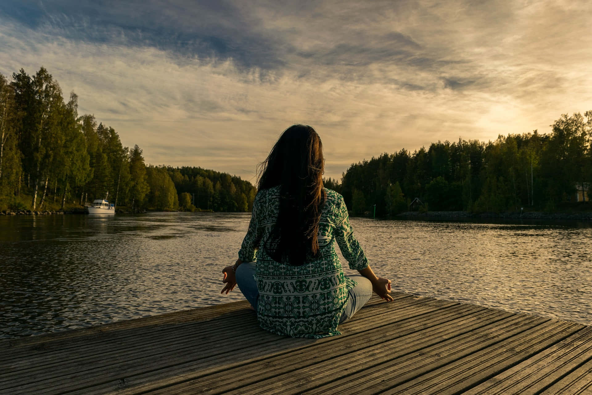 small dock, sunset, calm lake, Full HD Desktop Wallpaper