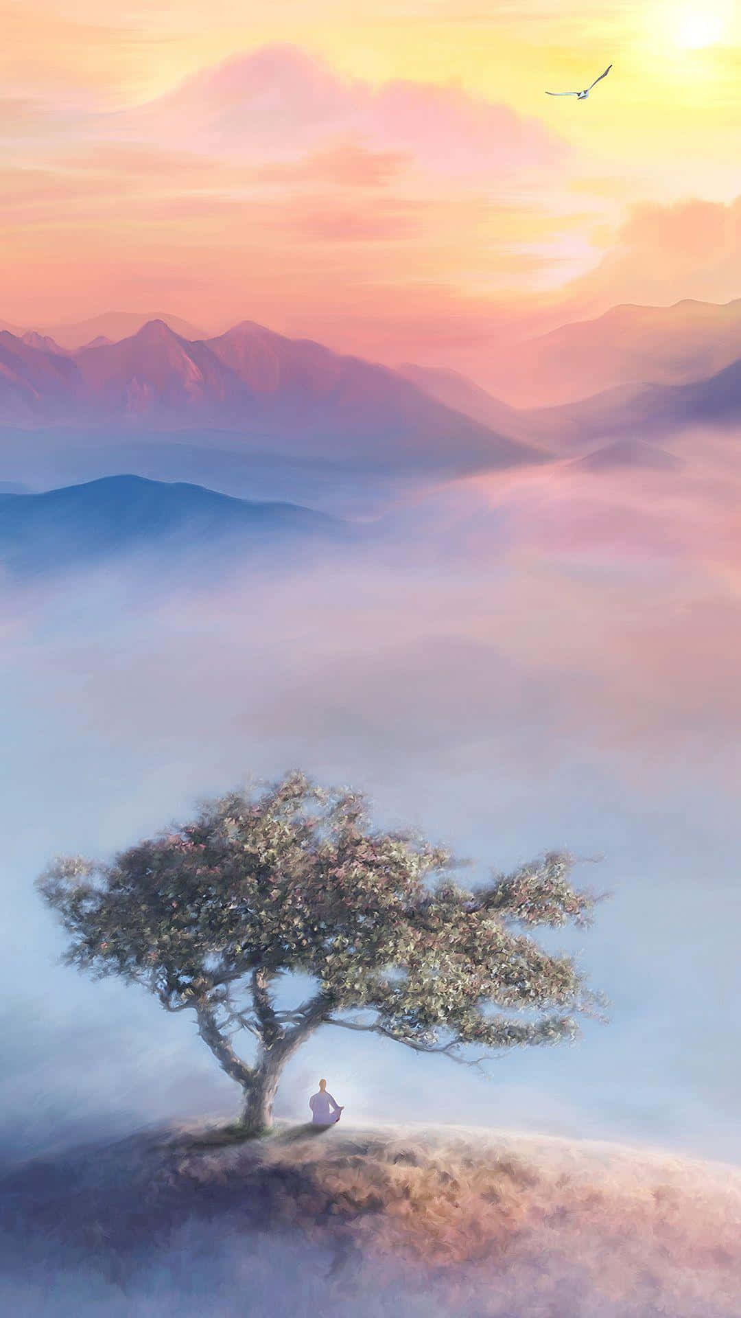 Lone Tree Of Mindfulness, blossoming tree, misty mountain peak, Full HD Phone Wallpaper