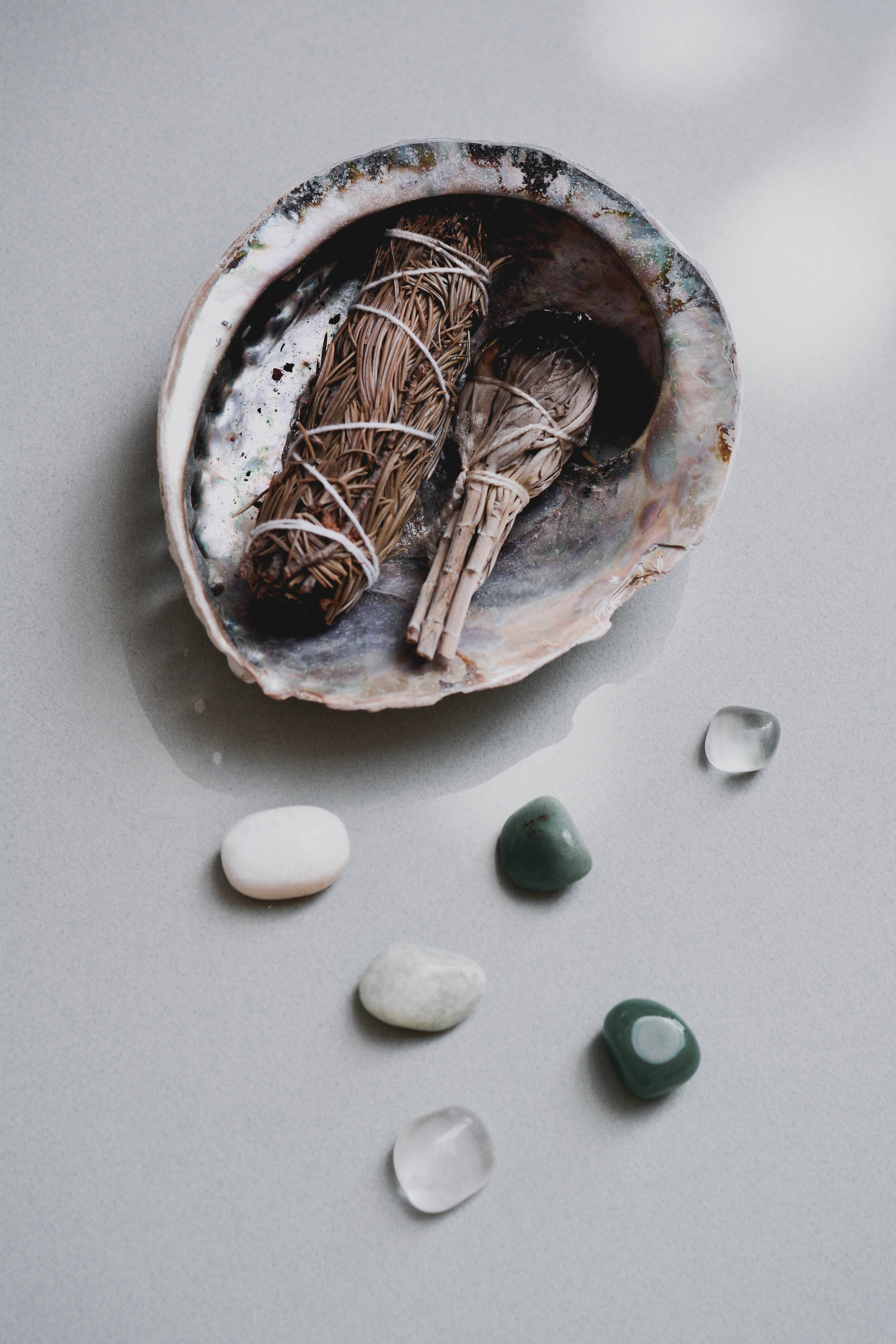 abalone shell, sage smudge sticks, healing crystals, 5K Phone Wallpaper