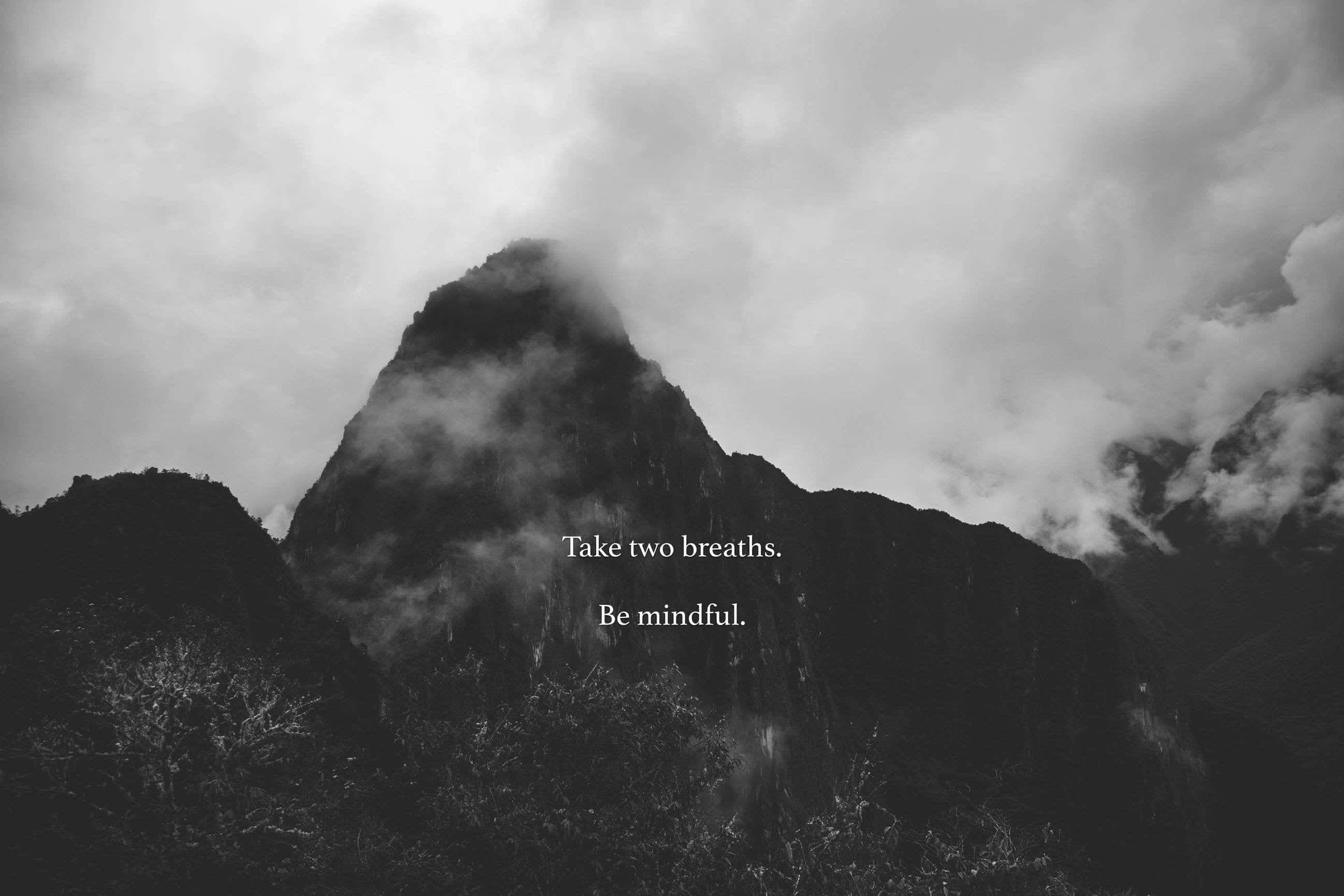 black and white mindfulness, monochrome mountain peak, mist, 2K Desktop Wallpaper