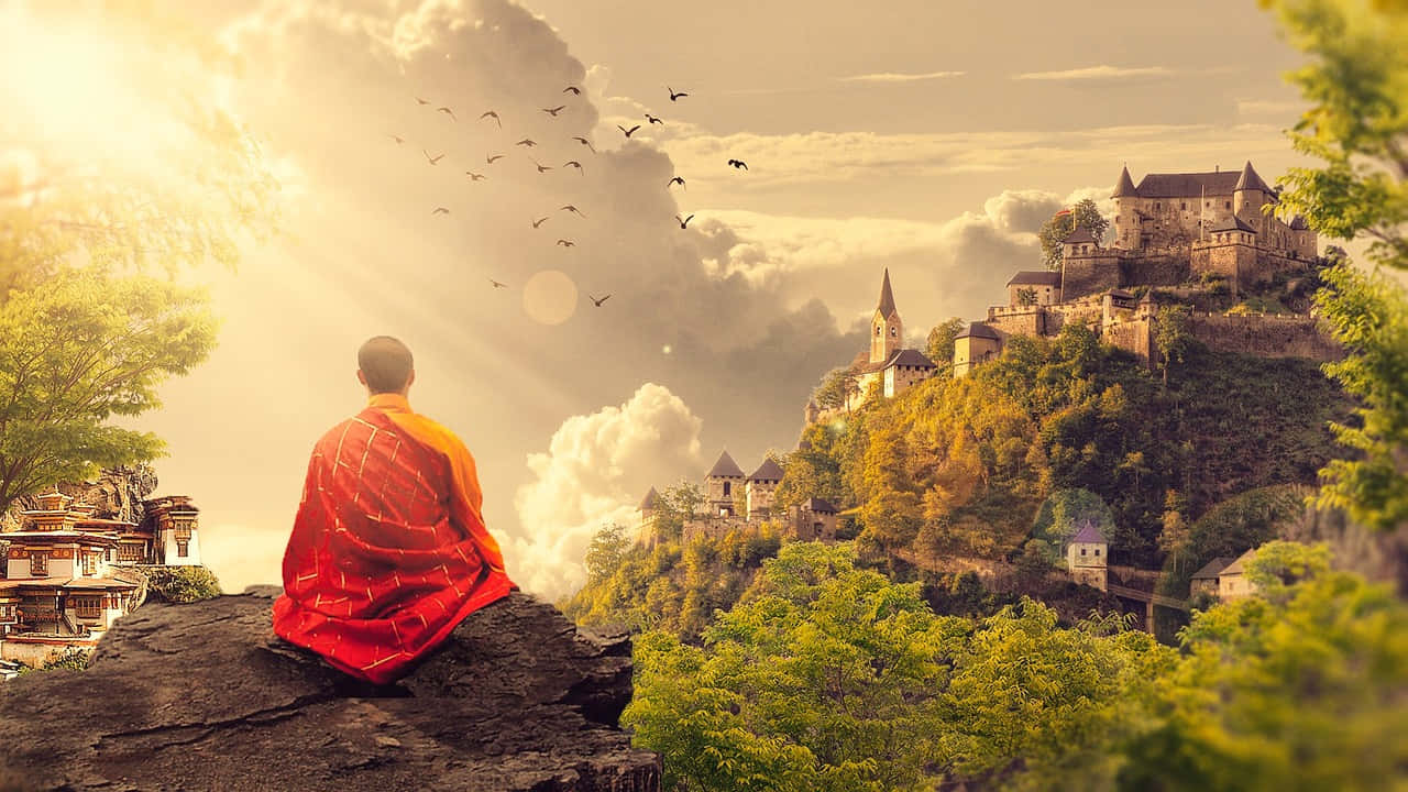 red robe, rocky outcrop, sunlit medieval village, HD Desktop Wallpaper