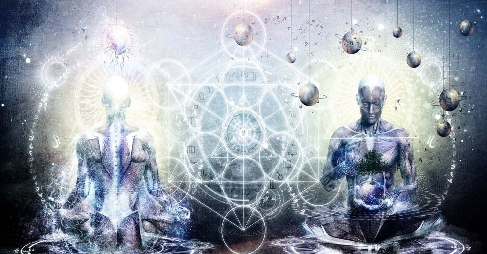 spiritual meditation, ethereal human figures, floating celestial spheres, Full HD Desktop Wallpaper