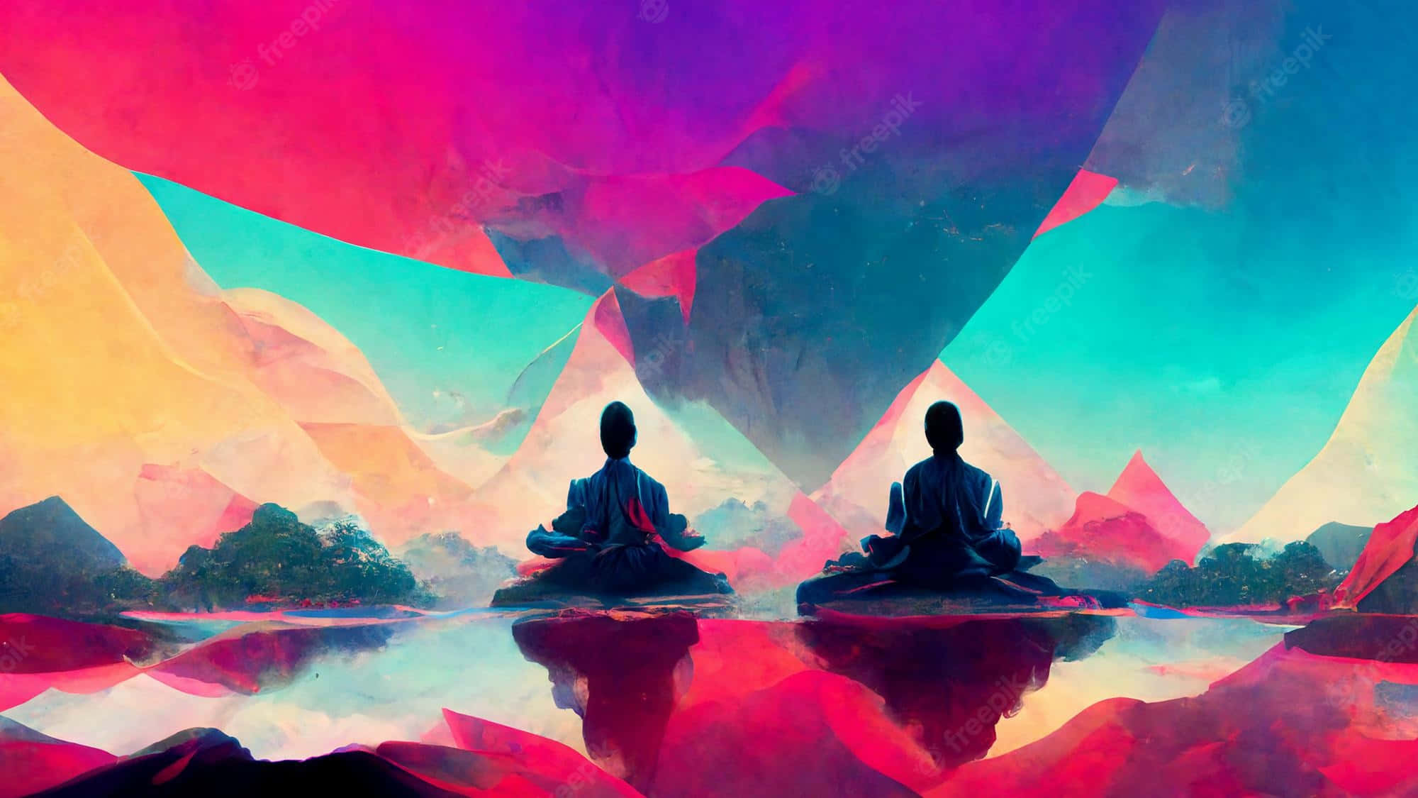 lotus pose, reflective surface, surreal, geometric sky, Full HD Desktop Wallpaper