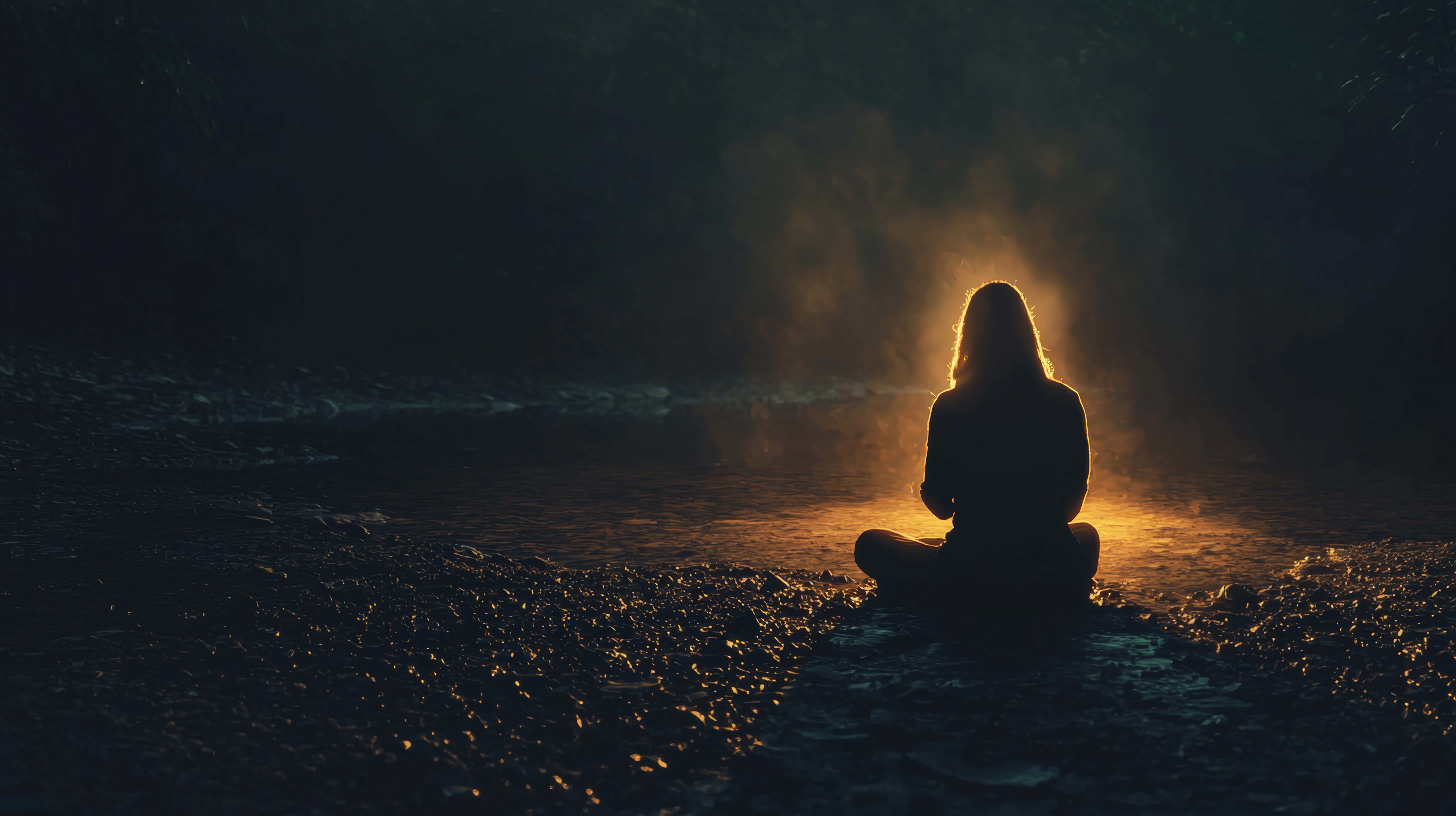 silhouette of person meditating, fire, riverbank, 8K Desktop Wallpaper