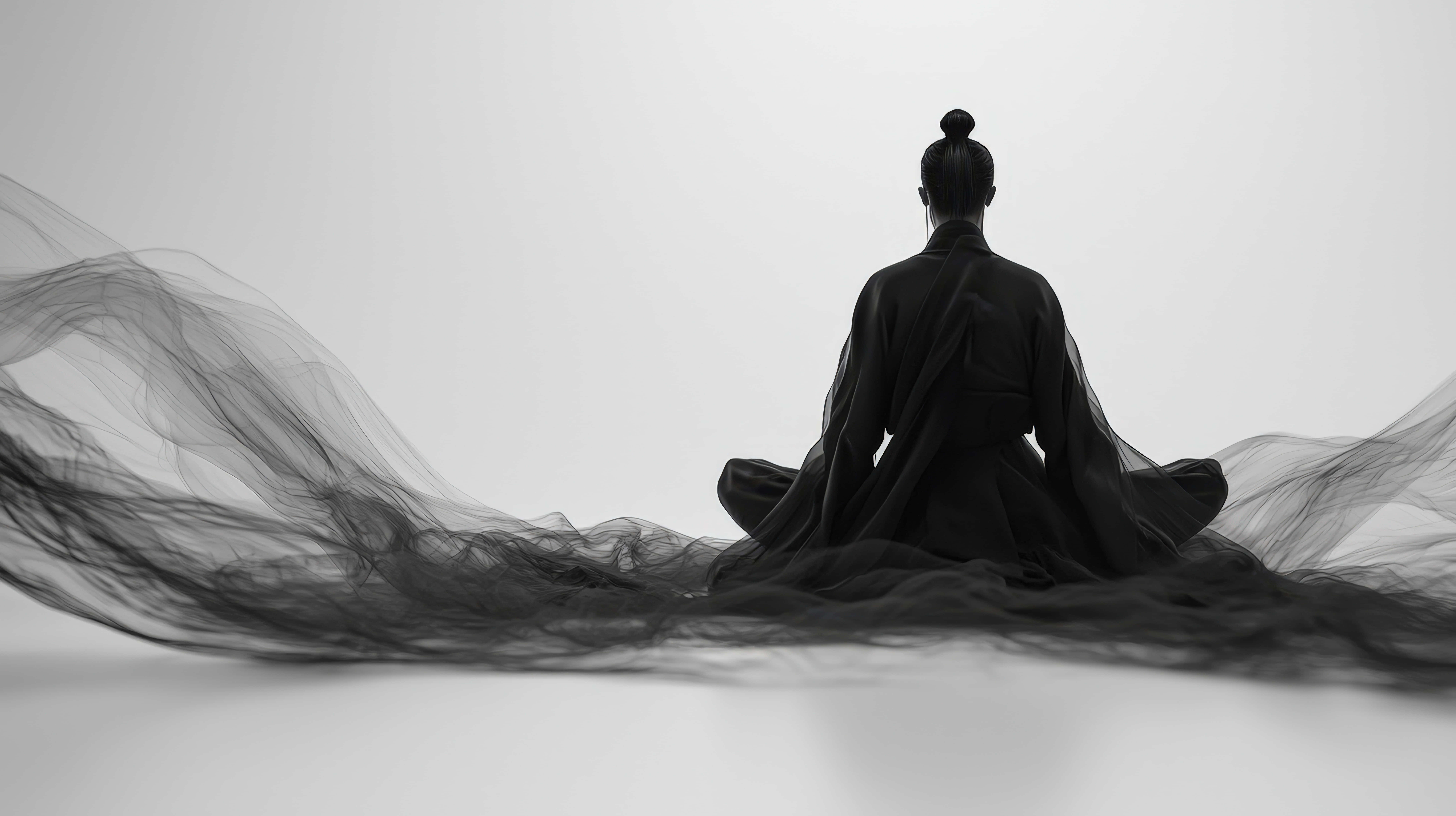 black traditional robe, meditative state, white background, 8K Desktop Wallpaper