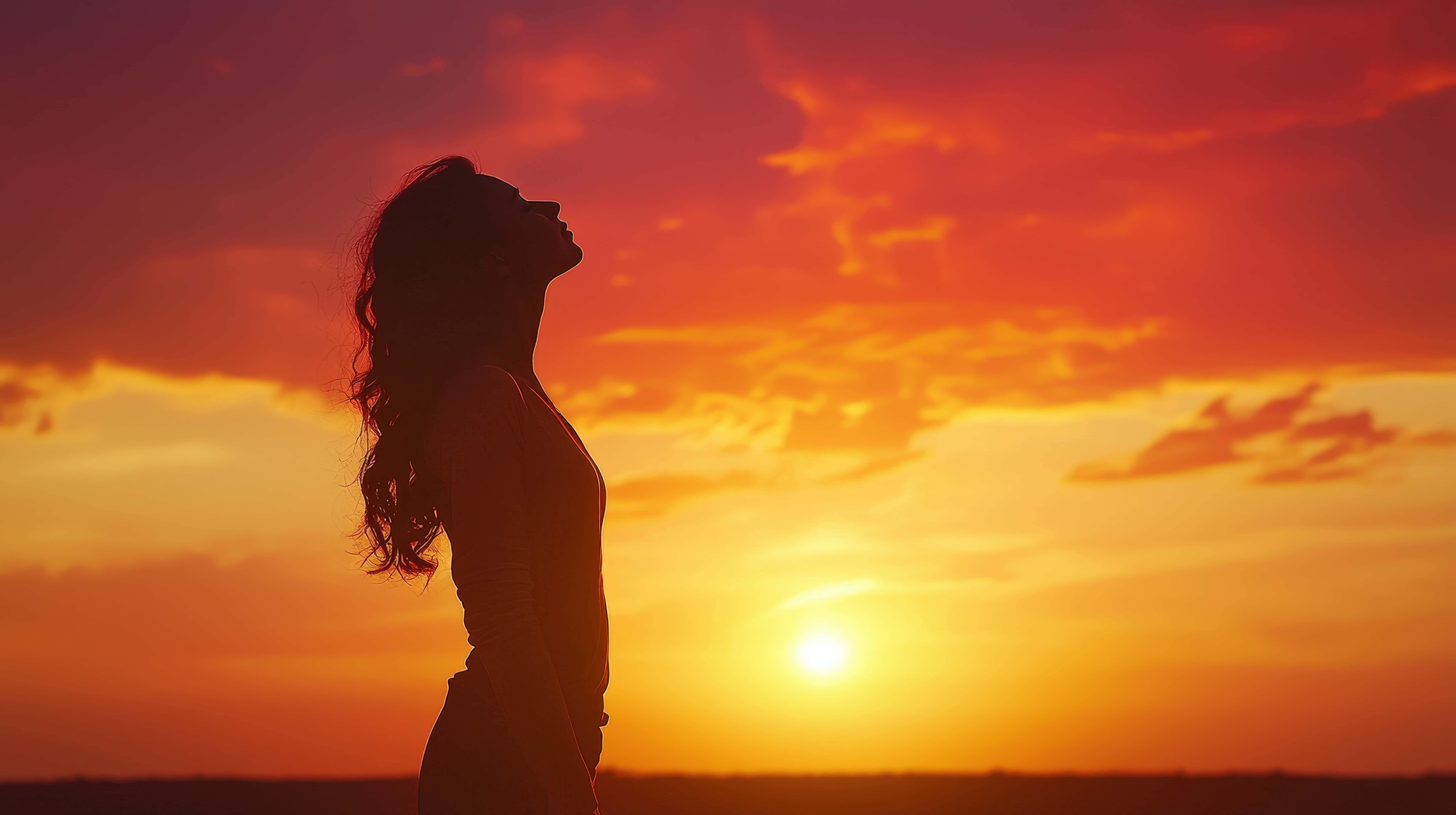 woman, sunset, fiery orange, 8K Desktop Wallpaper
