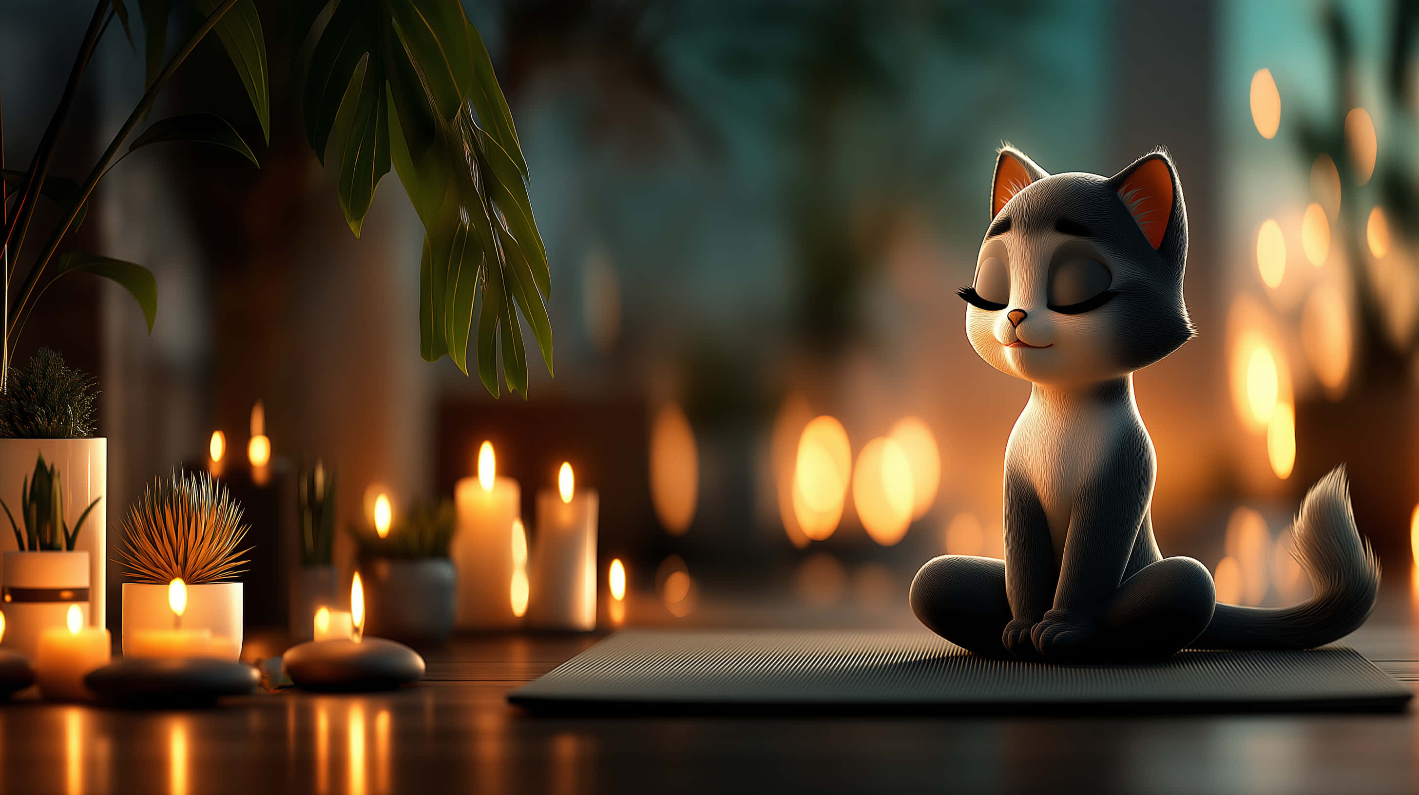 gray cartoon cat, lotus pose, glowing candles, 2K Desktop Wallpaper