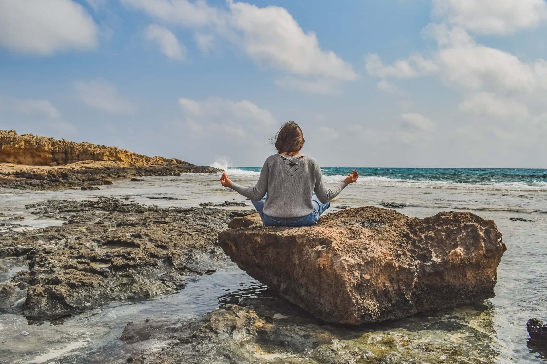 Mindfulness, rock, ocean's edge, Full HD Desktop Wallpaper