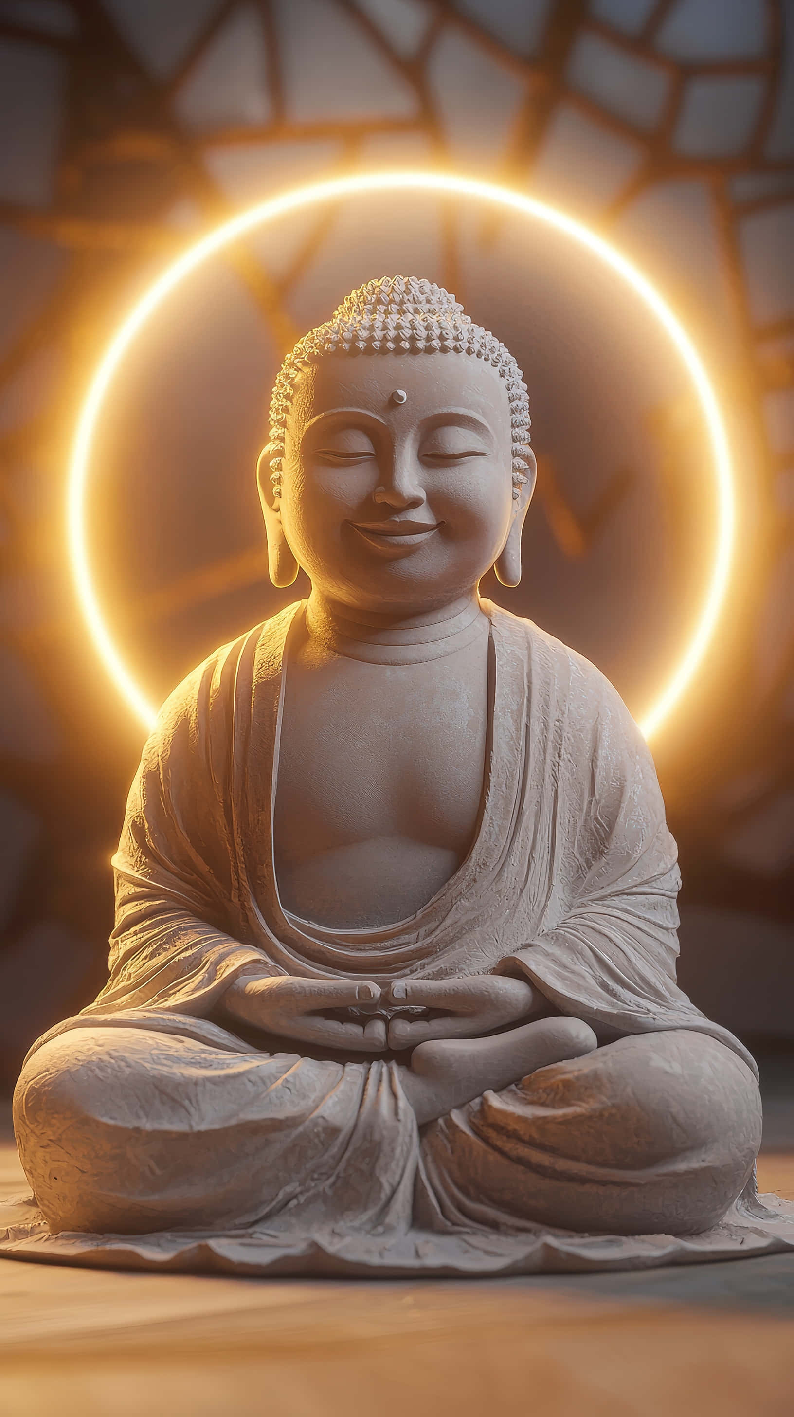 serene Buddha statue, glowing golden halo, cracked stone background, 2K Phone Wallpaper