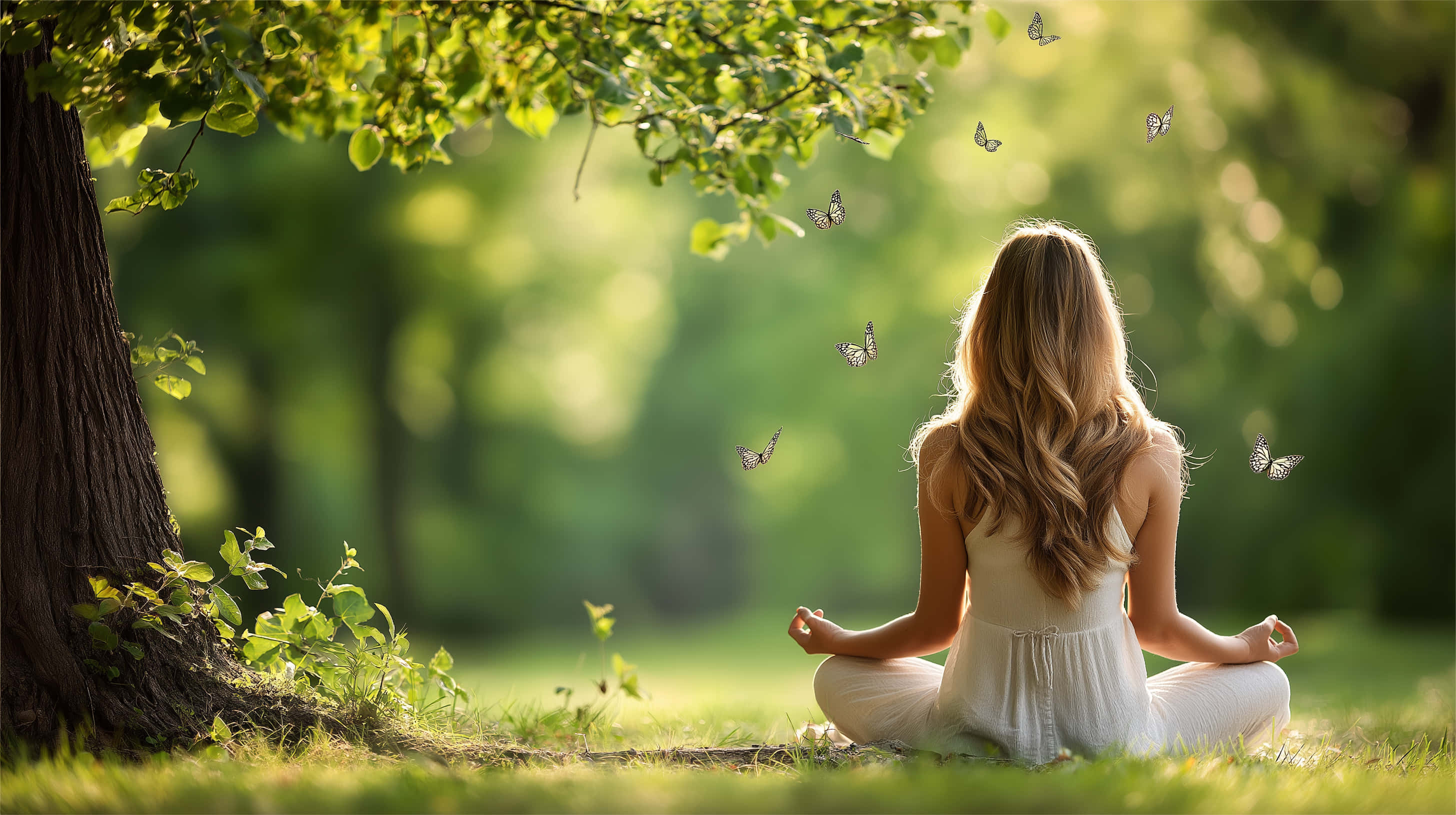 woman meditating, butterflies, sunlit forest, 2K Desktop Wallpaper