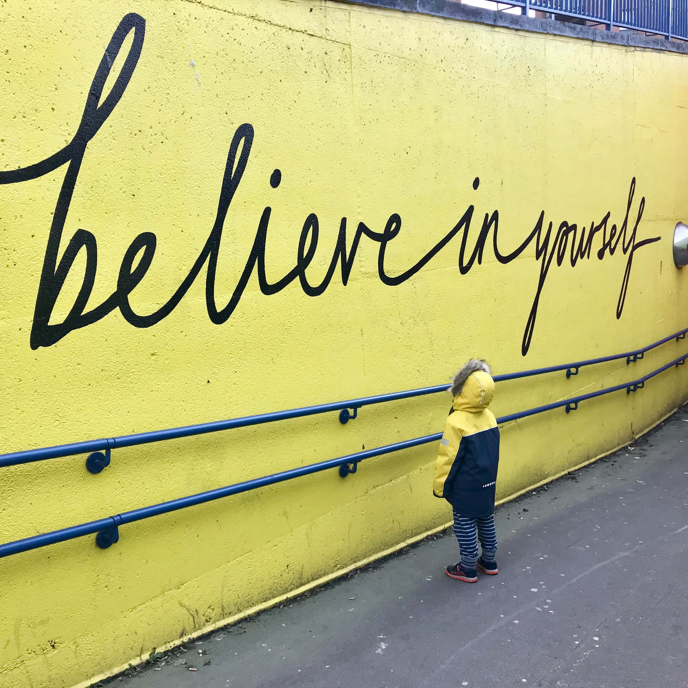 Mindset Wall, yellow hooded jacket, bright yellow wall, Full HD Desktop Wallpaper