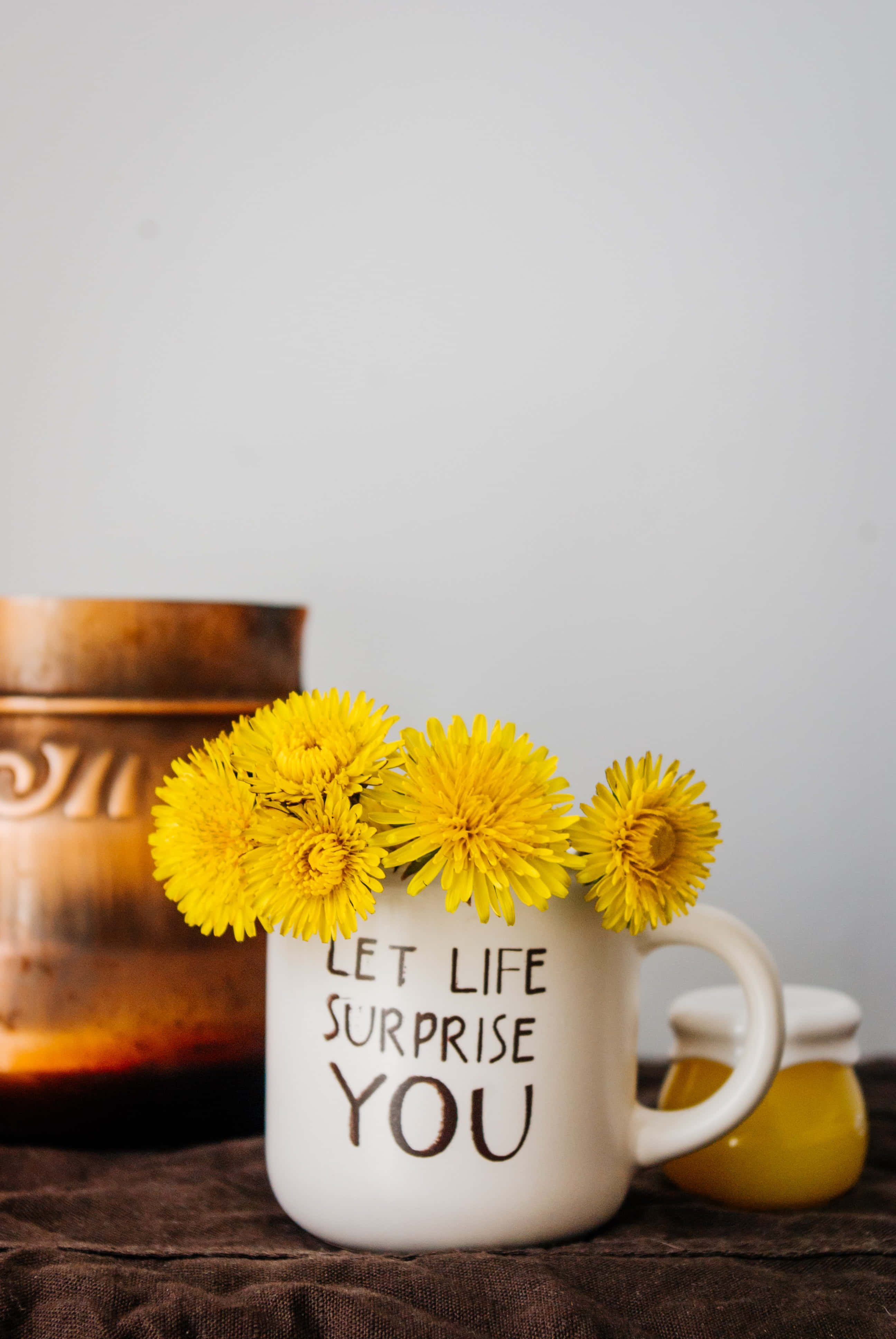 Mindset, white mug, let life surprise you, 4K Phone Wallpaper