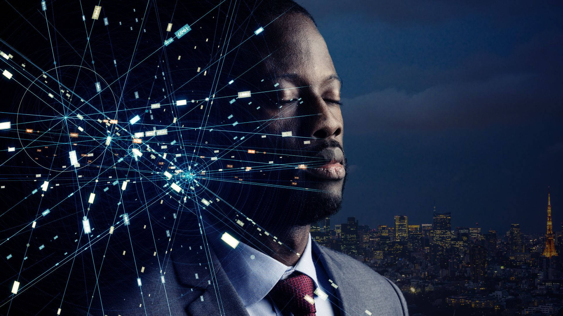 man in a suit, glowing digital network overlay, nighttime cityscape, Full HD Desktop Wallpaper
