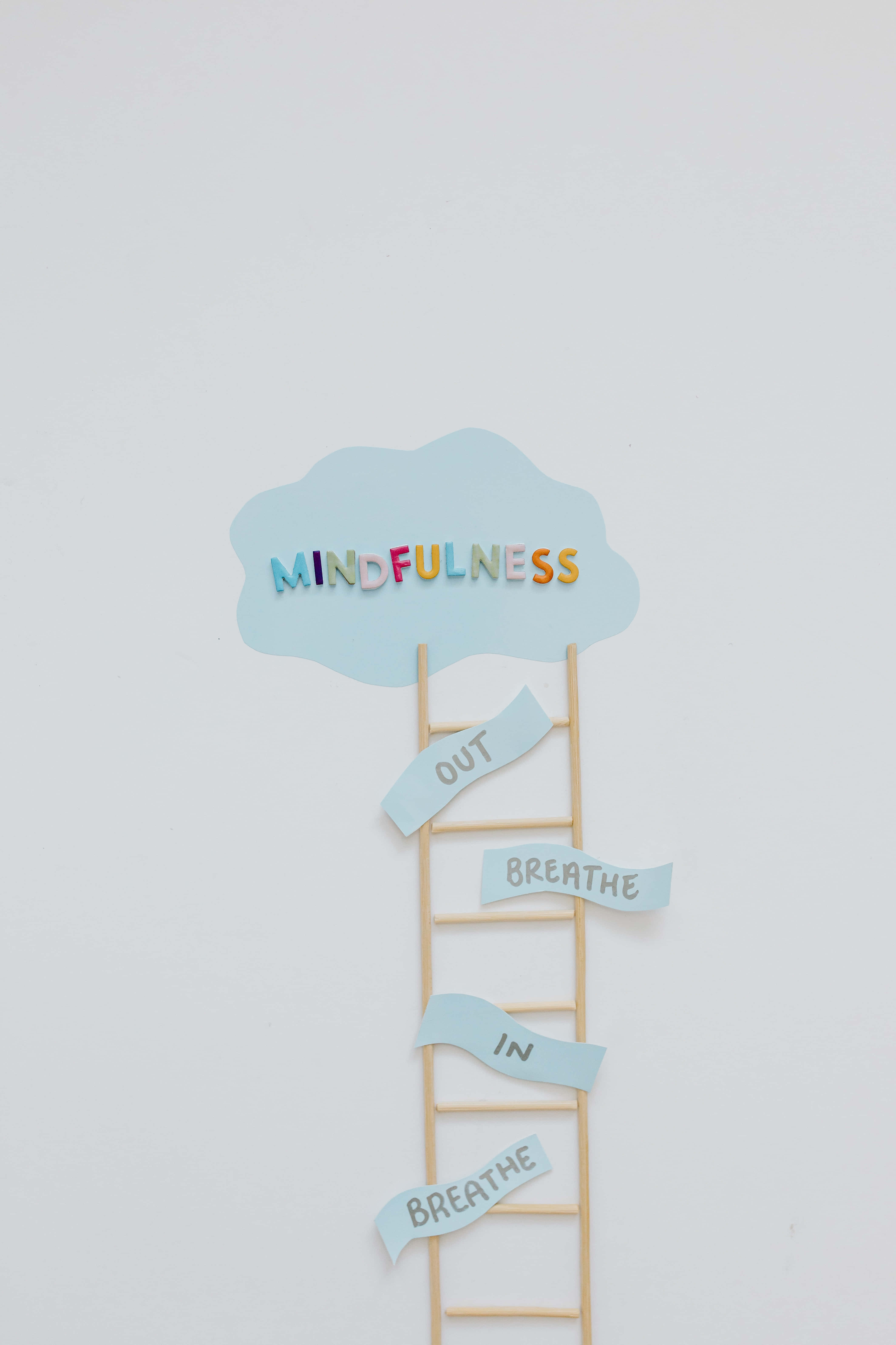 mindfulness, blue paper steps, wooden ladder, 5K Phone Wallpaper