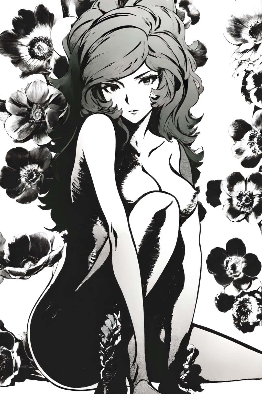Fujiko Mine, monochrome anime girl, flowing hair, HD Phone Wallpaper
