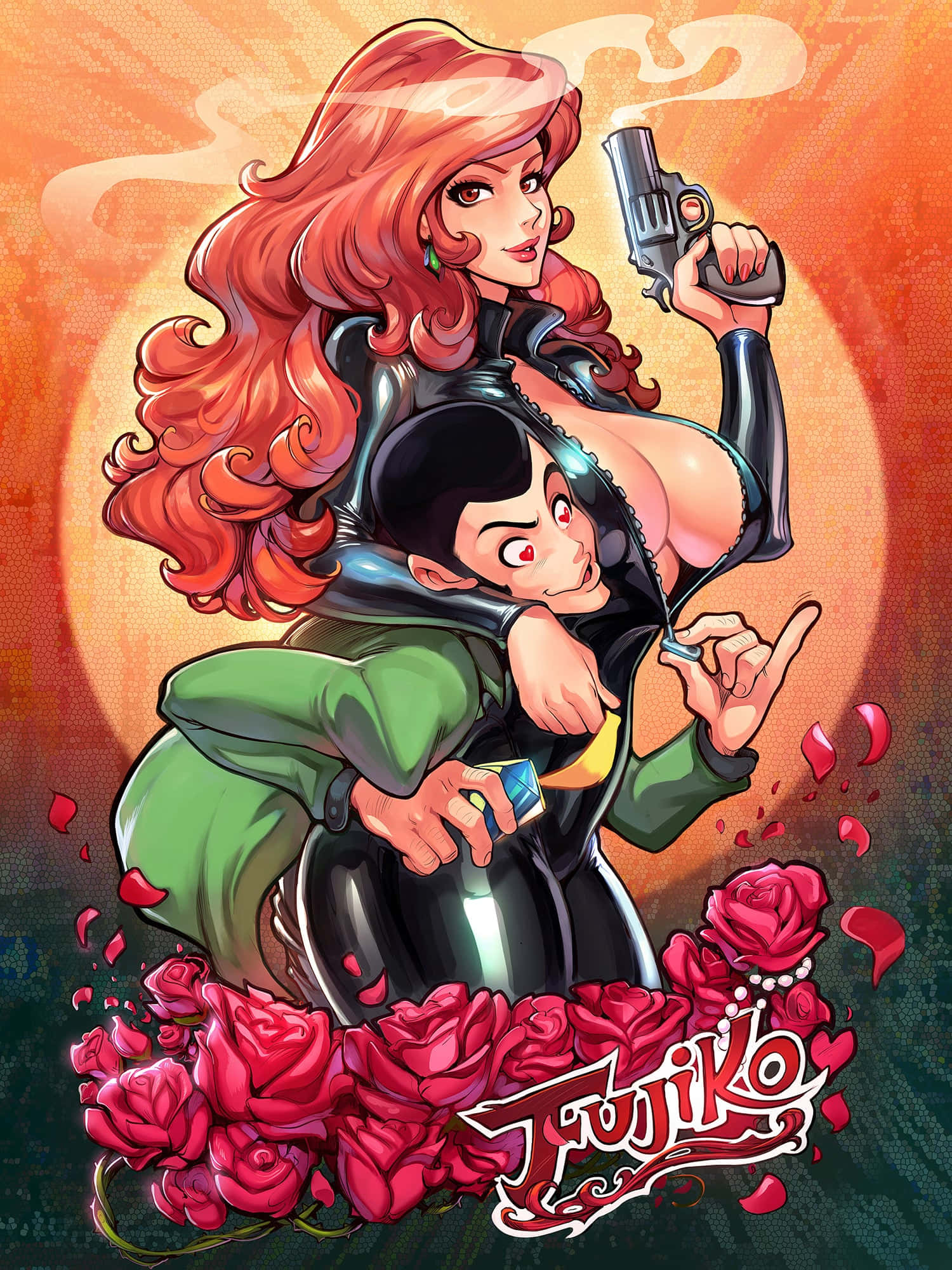 Mine Fujiko, fiery red-haired, black leather outfit, Full HD Phone Wallpaper