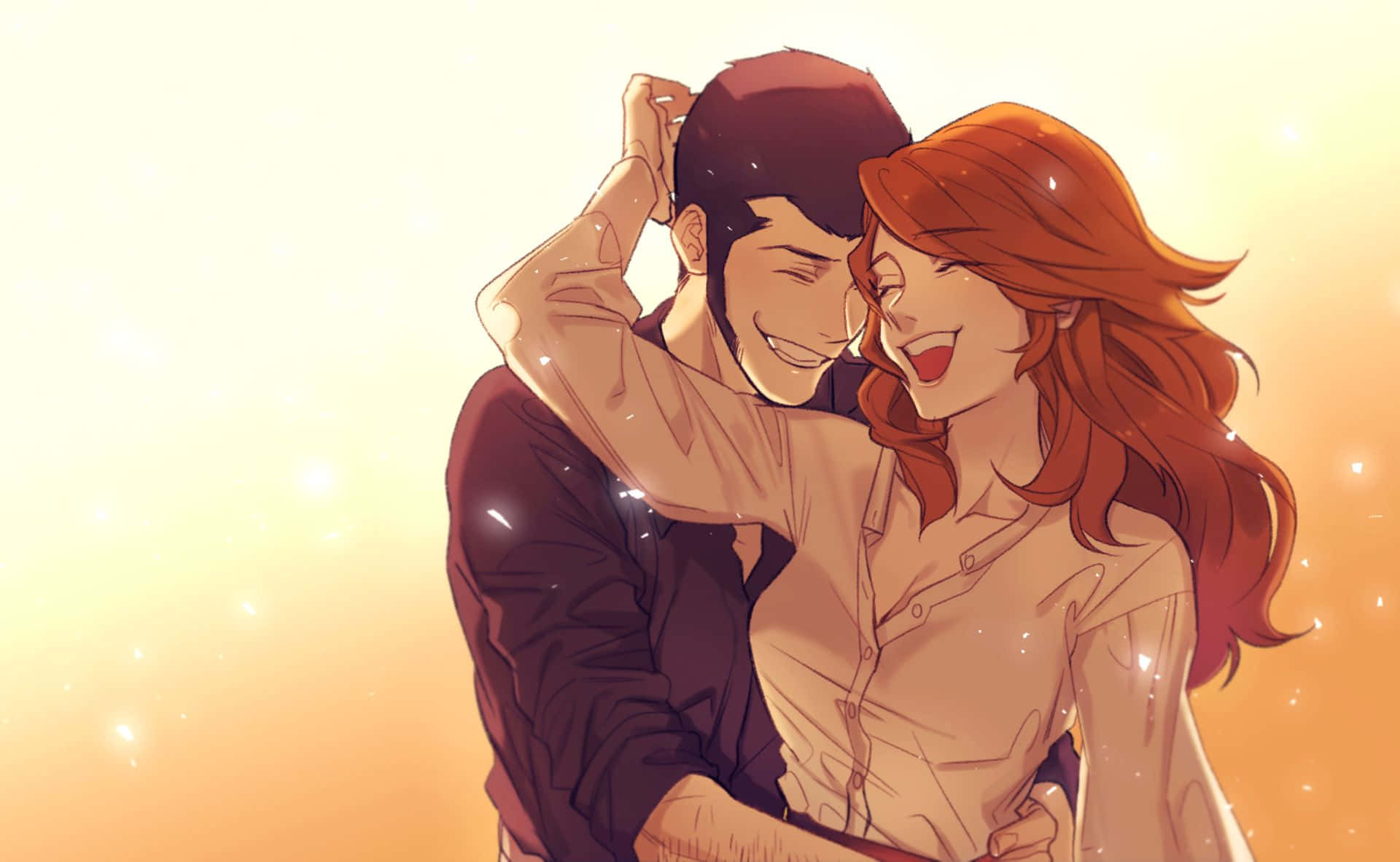 Mine Fujiko, golden sunset, sparkling particles, Full HD Desktop Wallpaper