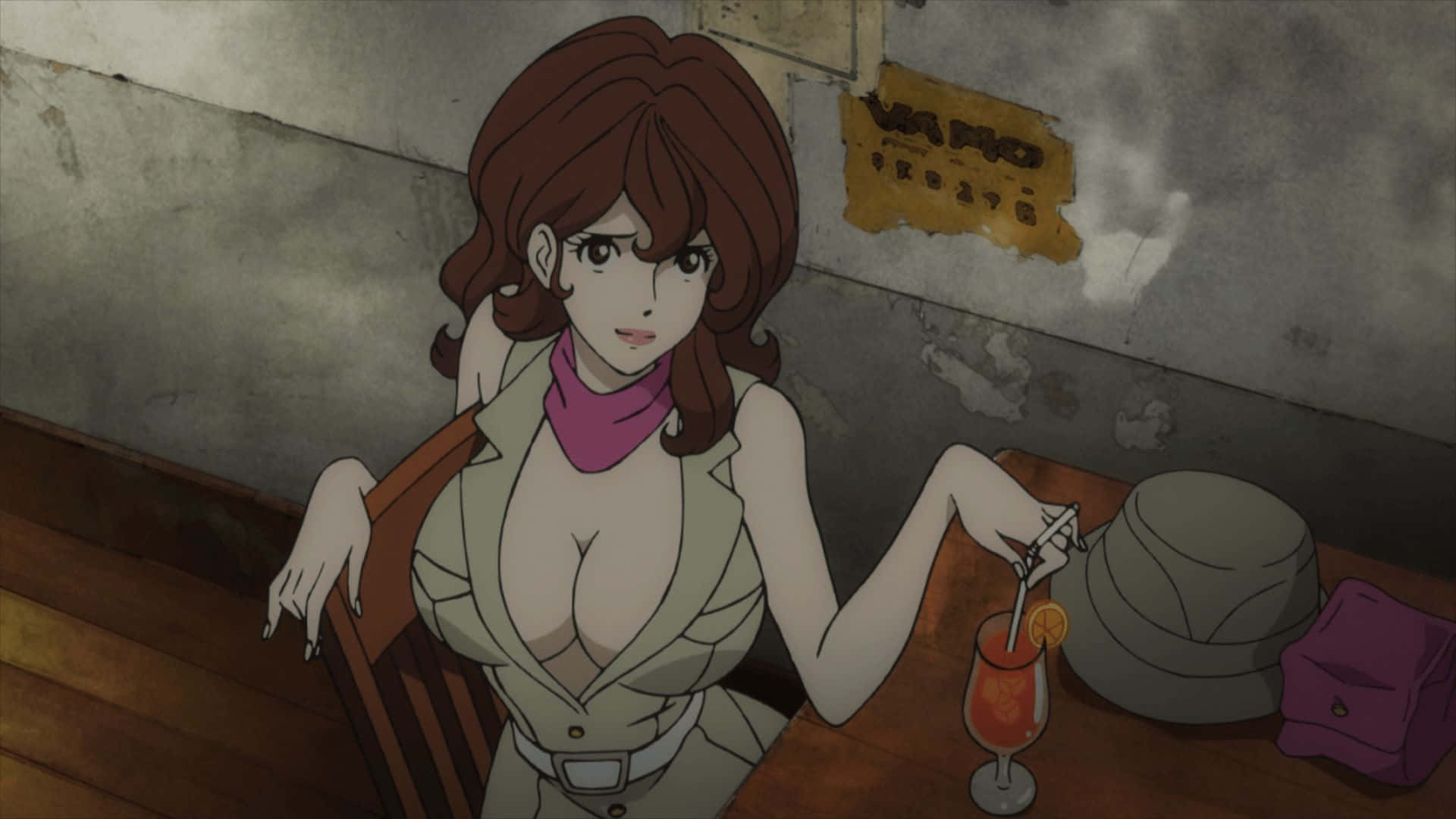 Mine Fujiko, brown hair, wooden table, Full HD Desktop Wallpaper