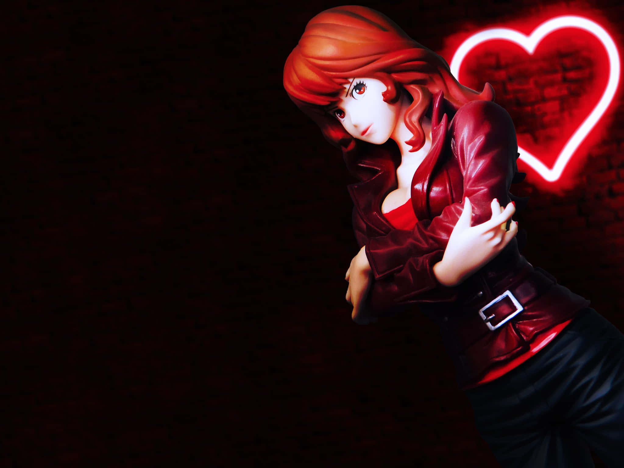 Fujiko Mine, red leather jacket, glowing red heart neon sign, Full HD Desktop Wallpaper
