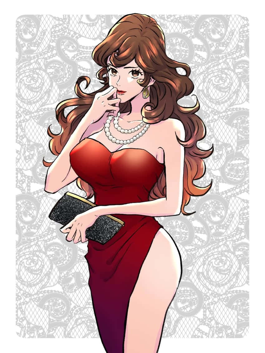 Fujiko, red strapless gown, pearl necklace, SD Phone Wallpaper