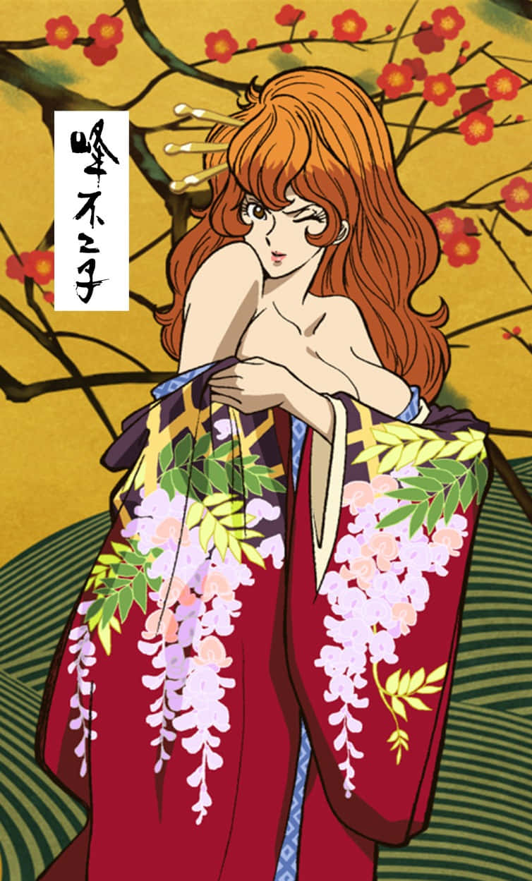 Fujiko Mine, traditional kimono, orange hair, SD Phone Wallpaper