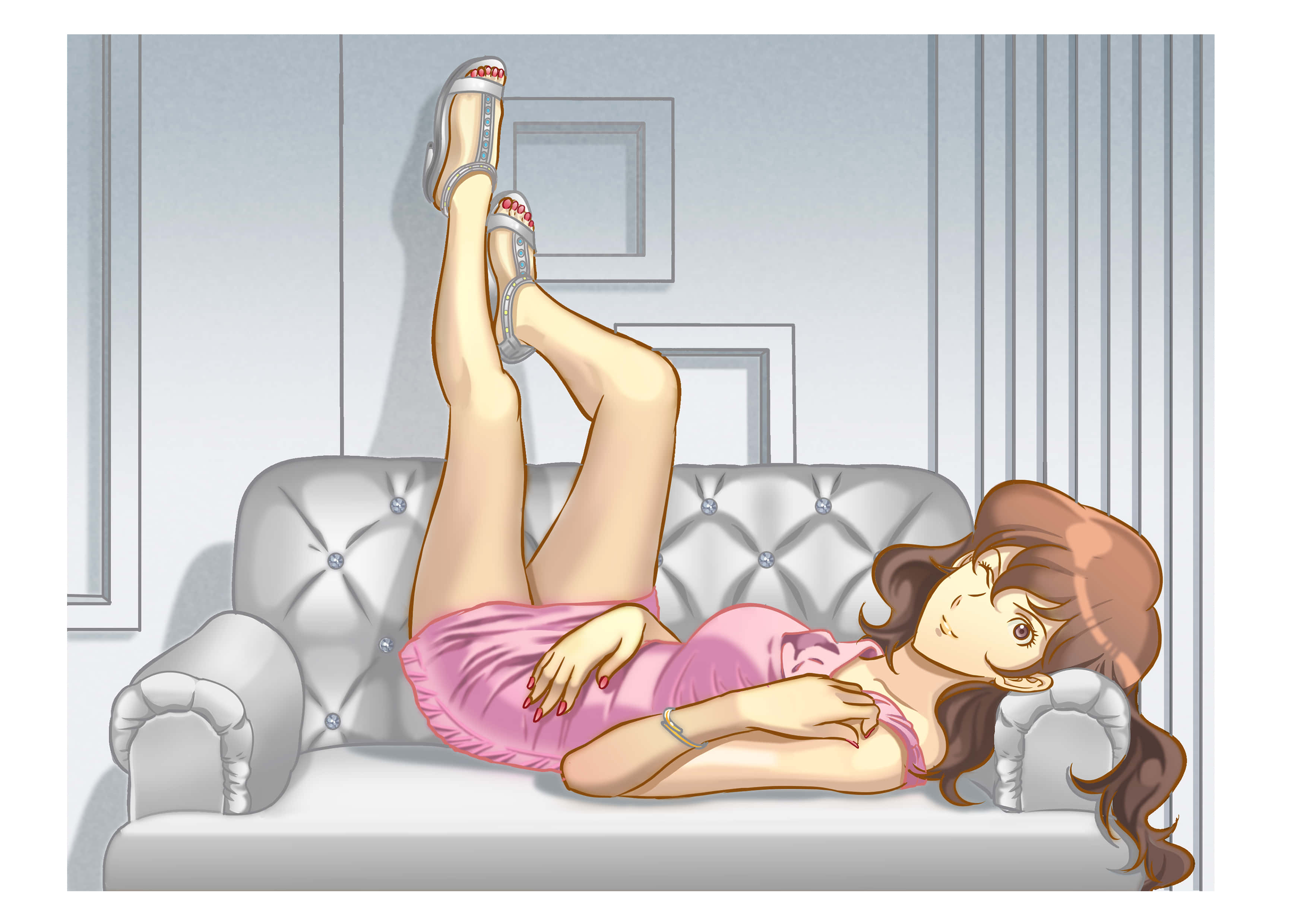 Mine Fujiko, pink dress, silver tufted couch, 2K Desktop Wallpaper