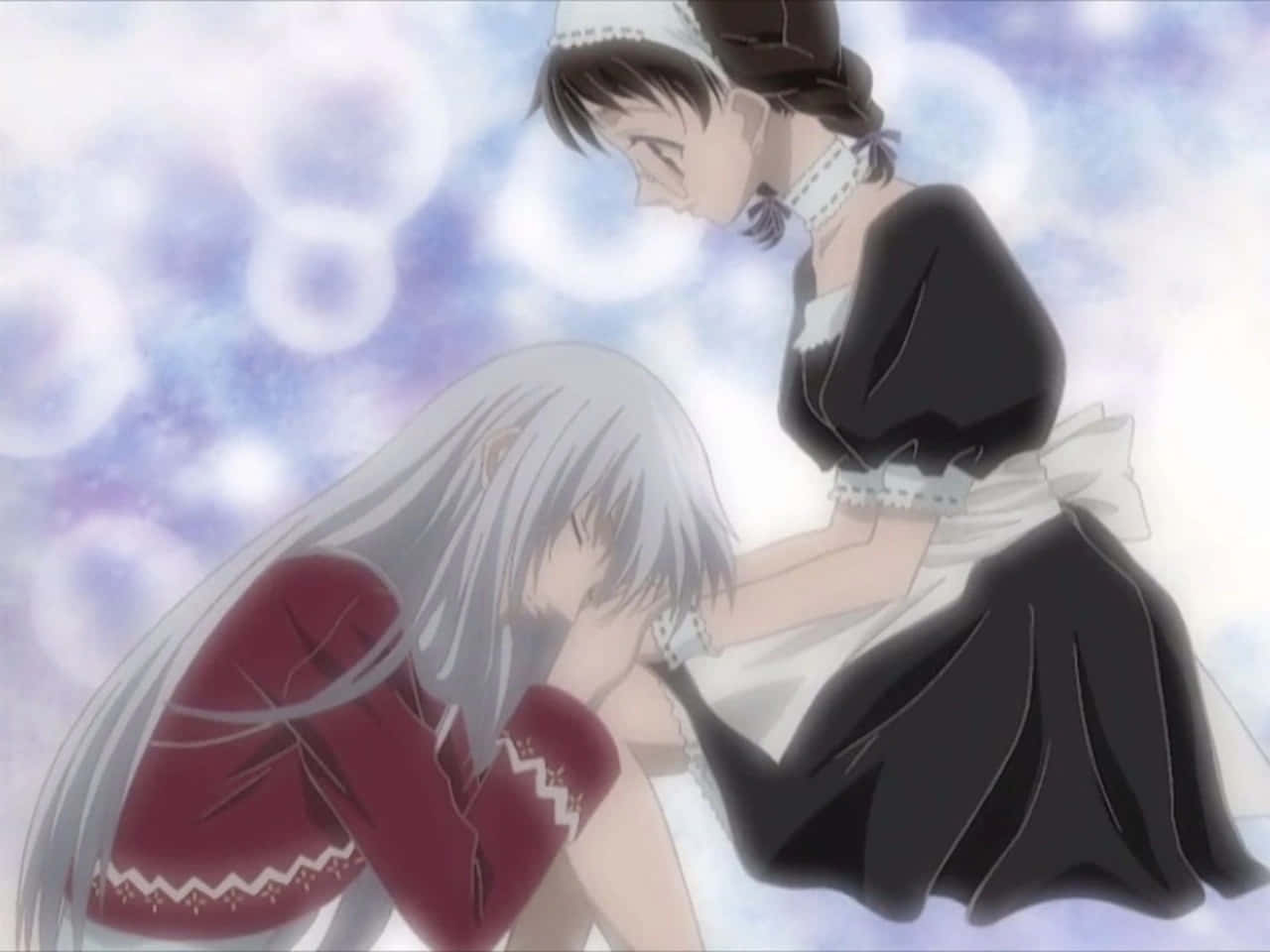 Mine Kuramae, black and white maid, silver-haired girl in red, HD Desktop Wallpaper