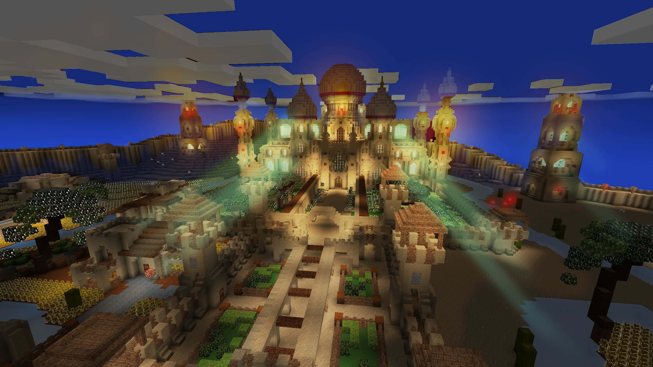 Minecraft Adventure, glowing castle, desert plateau, 2K Desktop Wallpaper