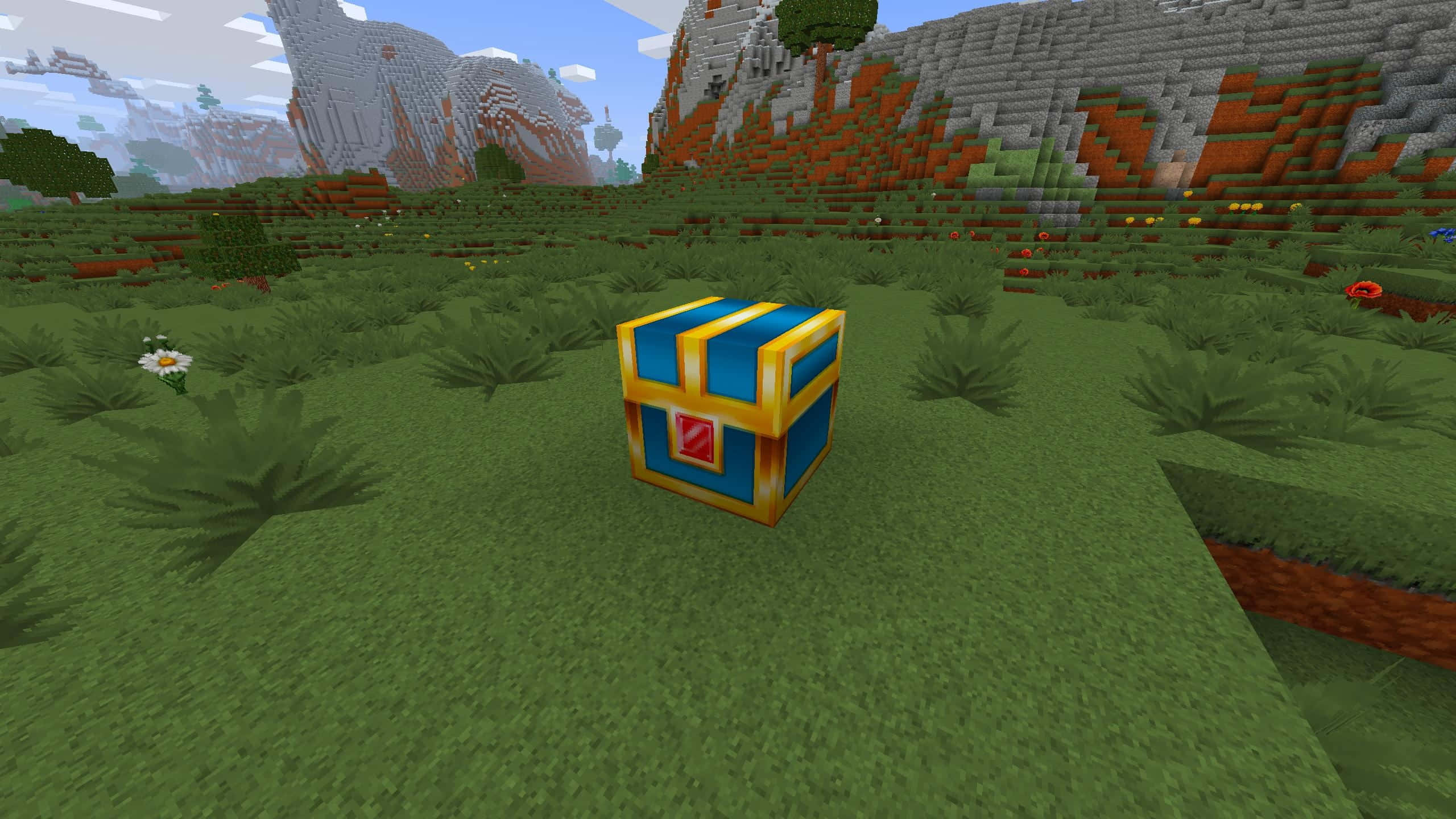Minecraft Adventure, blue and gold treasure chest, grassy Minecraft field, 2K Desktop Wallpaper