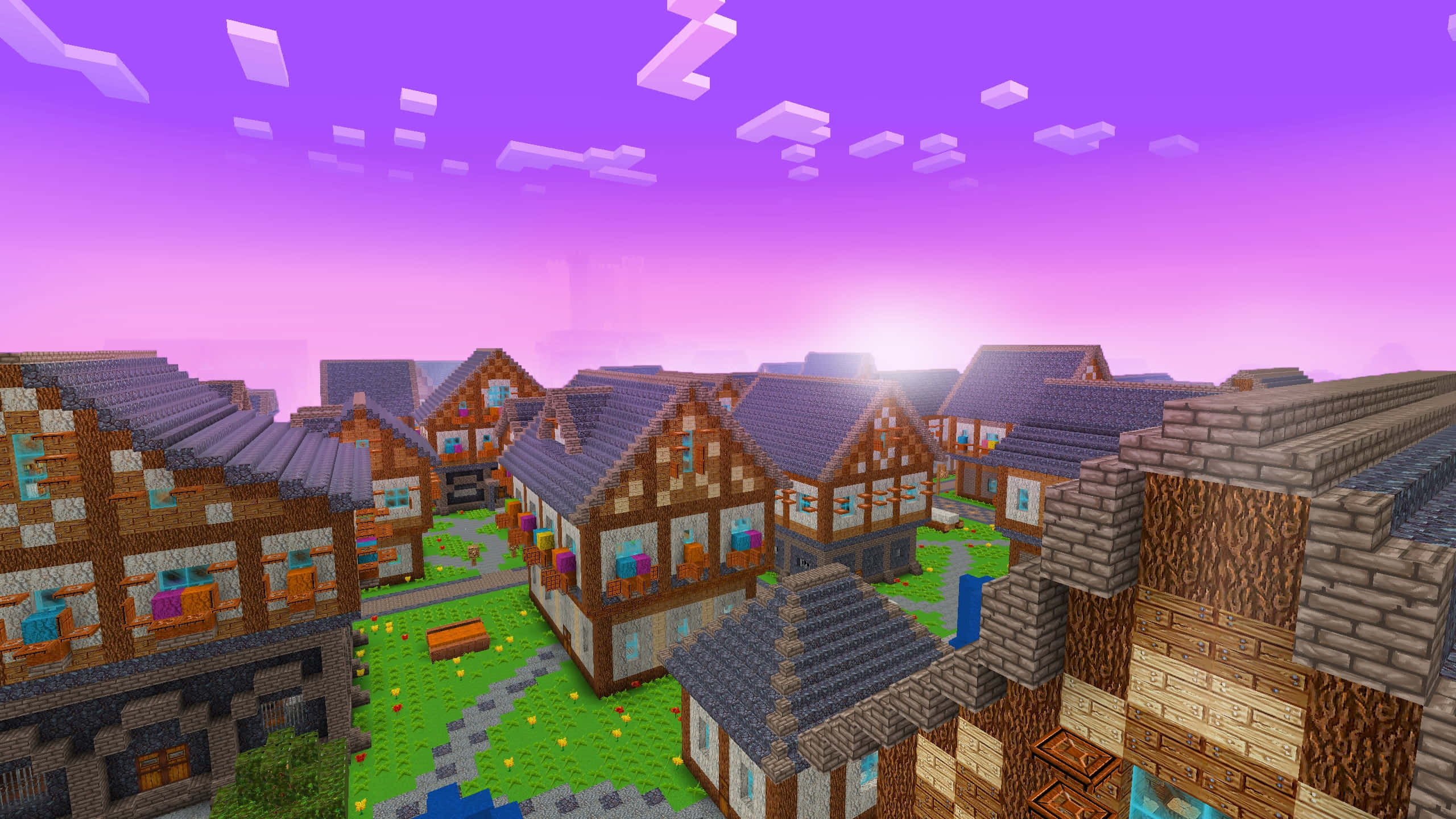 Minecraft Adventure, pixelated Minecraft village, wooden houses, 2K Desktop Wallpaper