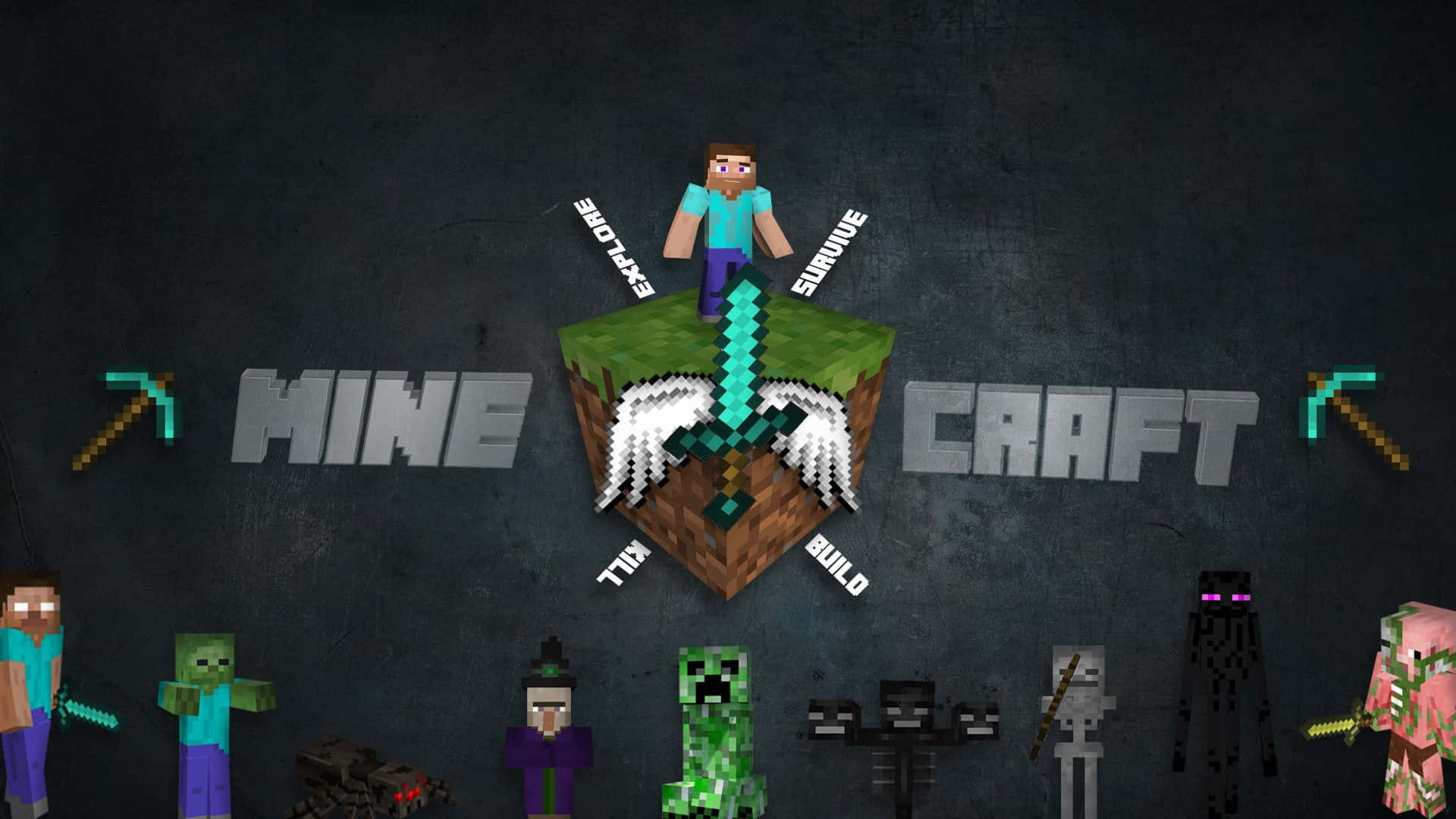 Minecraft, pixelated player, floating island, Full HD Desktop Wallpaper