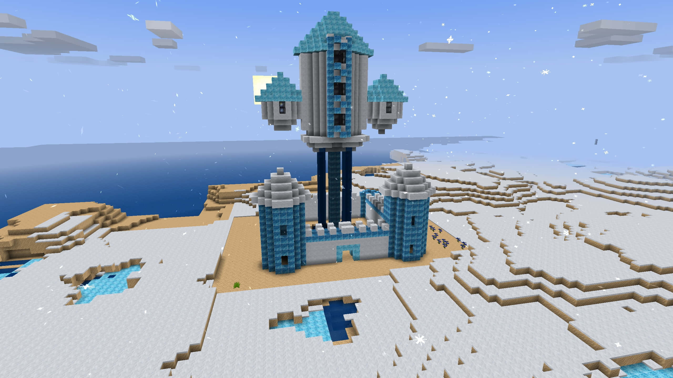 Minecraft Adventure, pixelated Minecraft castle, blue and gray blocks, 2K Desktop Wallpaper