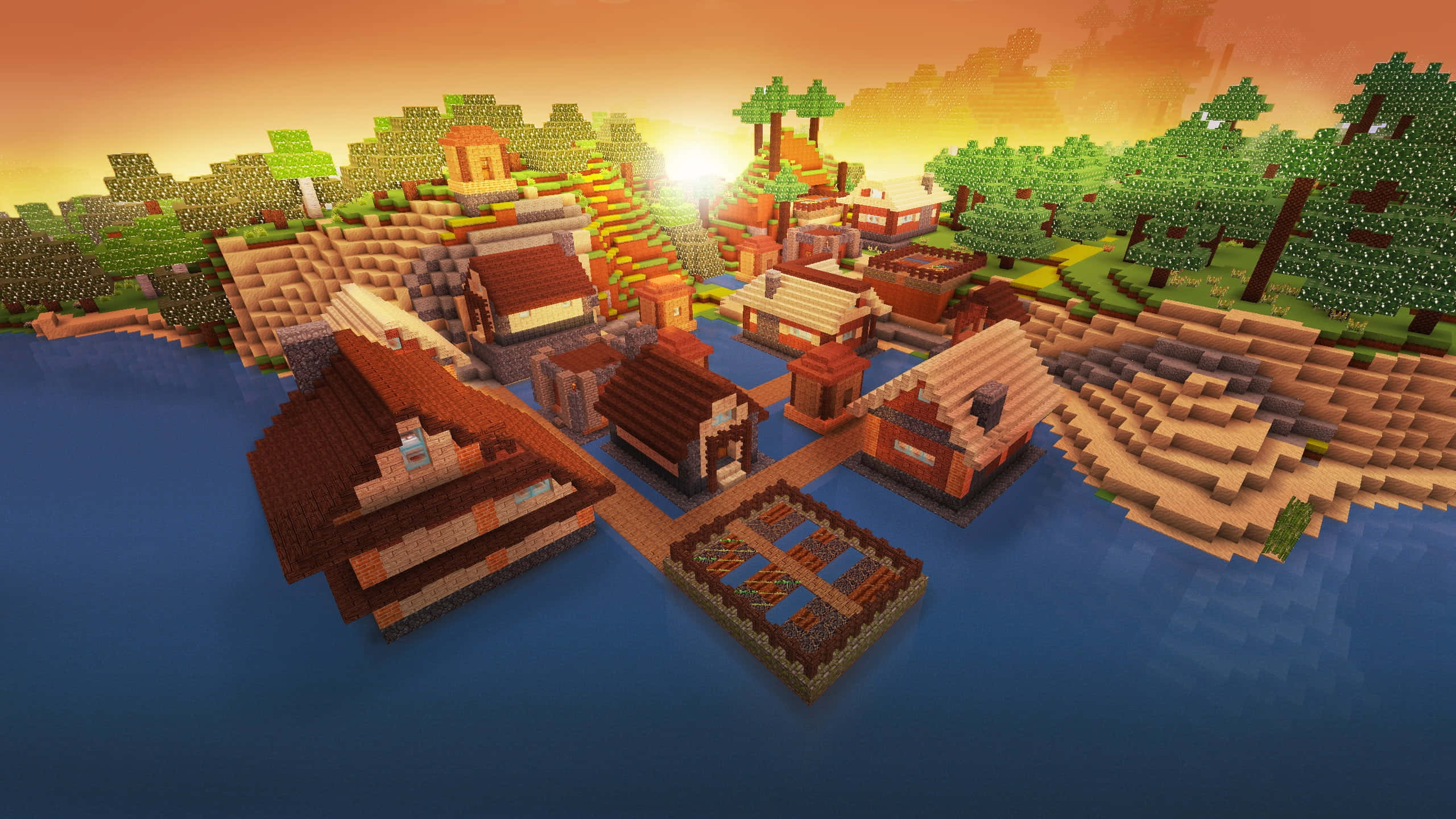 Minecraft Adventure, pixelated Minecraft village, wooden houses, 2K Desktop Wallpaper