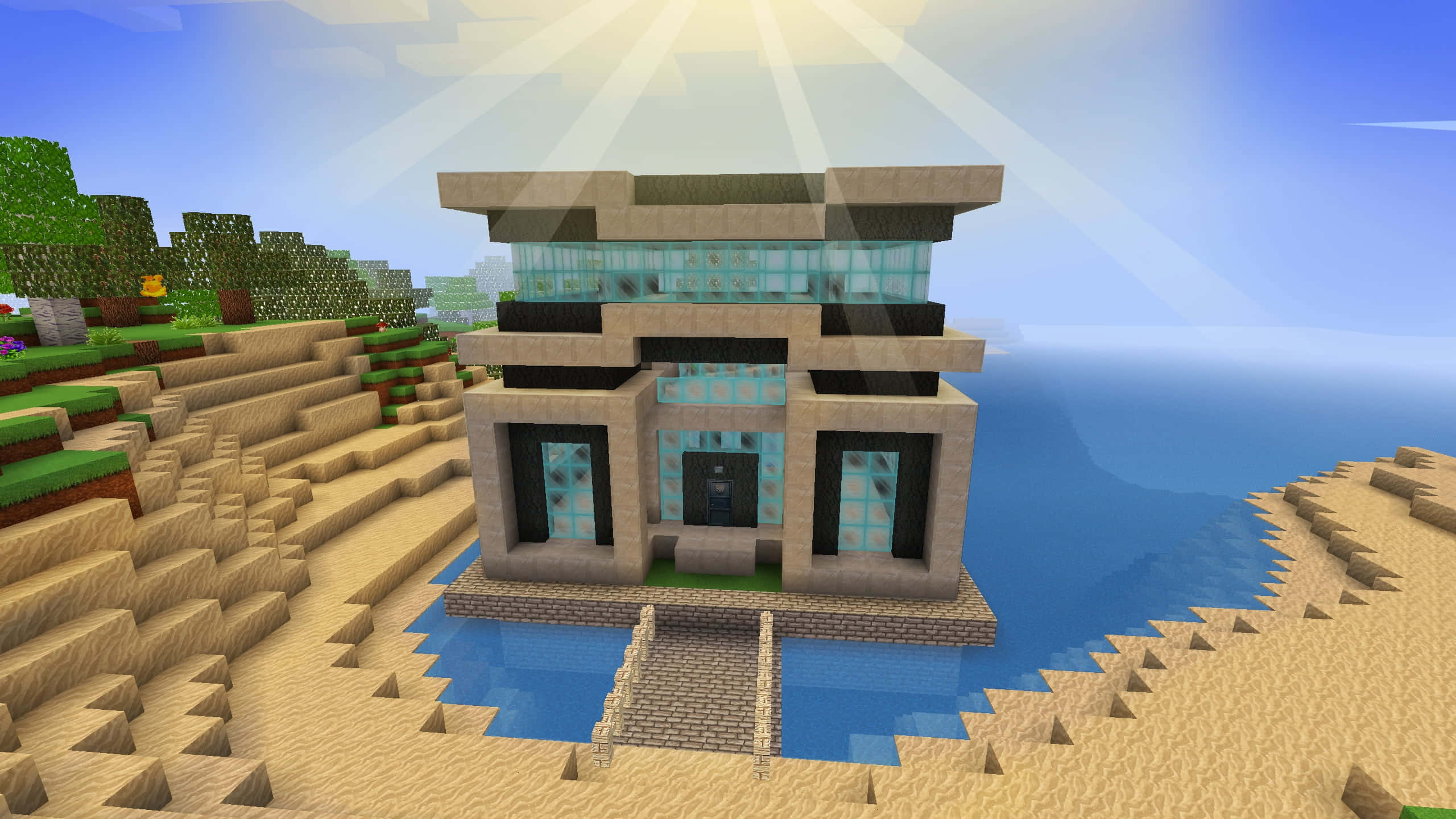 Minecraft Adventure, glass windows, stone blocks, 2K Desktop Wallpaper