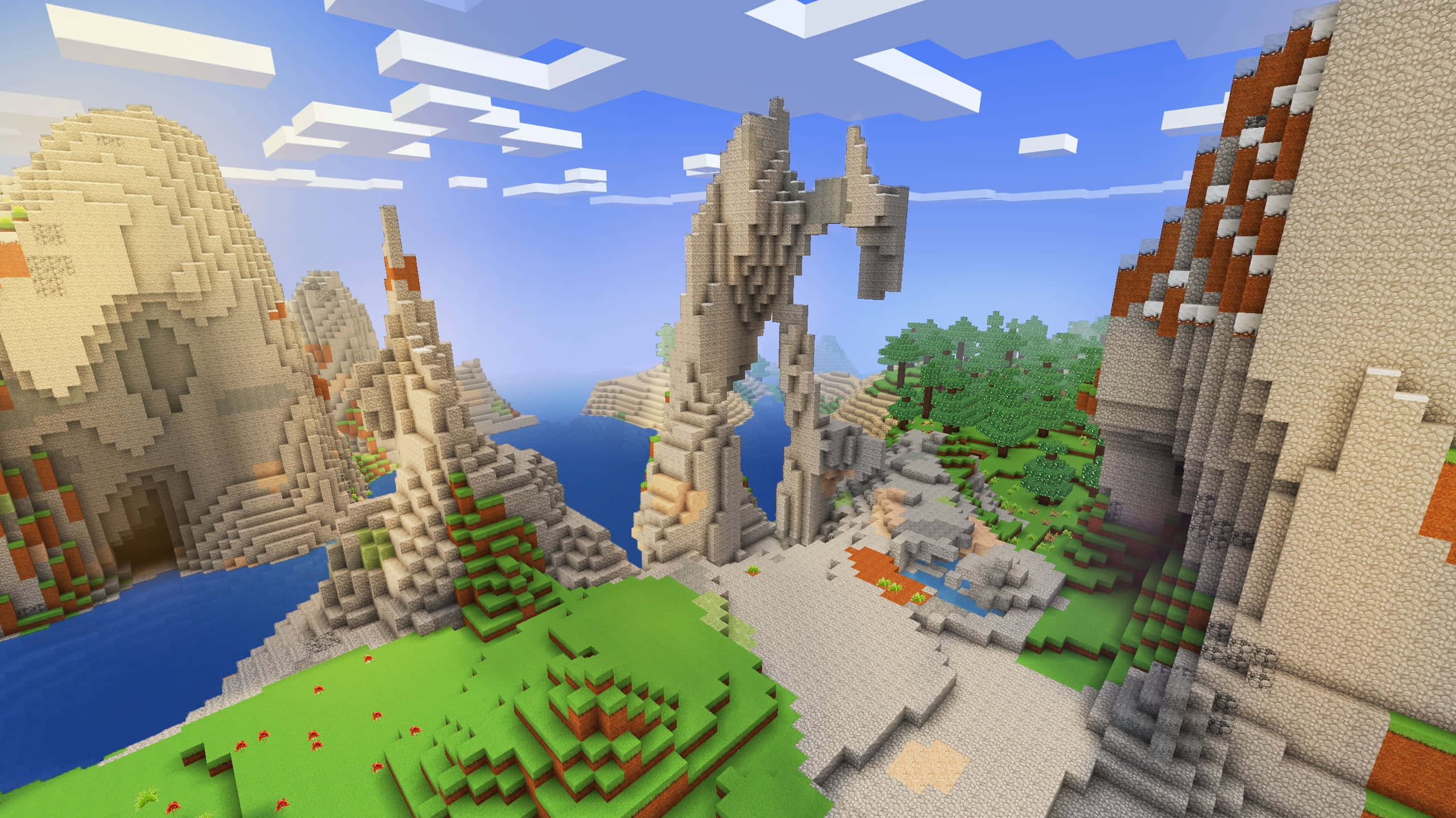 Minecraft Adventure, blocky Minecraft landscape, jagged mountains, 2K Desktop Wallpaper